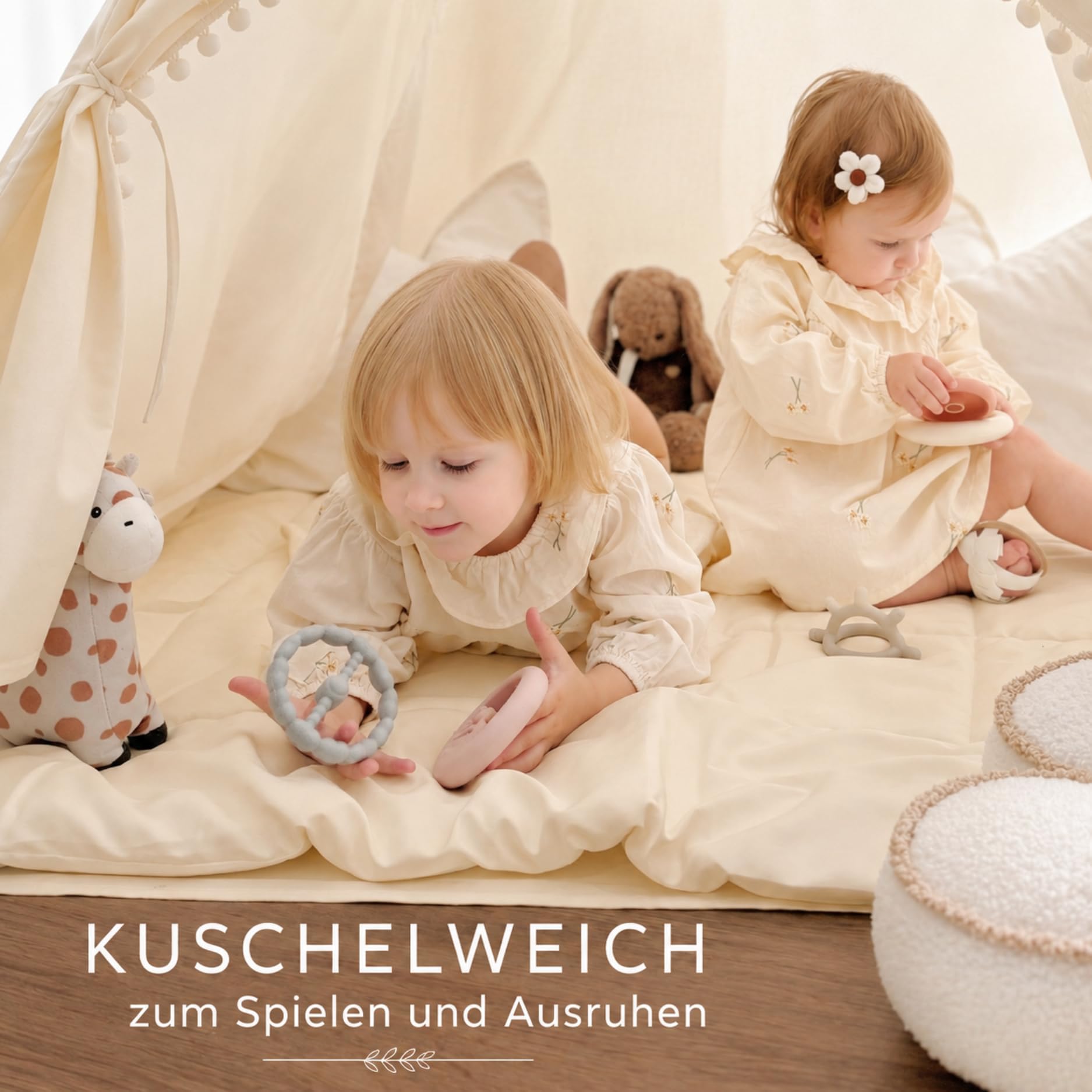 LIONHERZ® Tipi Decke mit Bändern 120x120cm | Spielzelt Matte Kinder | gepolstert & abgesteppt | quadratische Krabbeldecke | Bodenmatte Tipi, Spielhaus, Laufstall & Bällebad | Kinderdecke