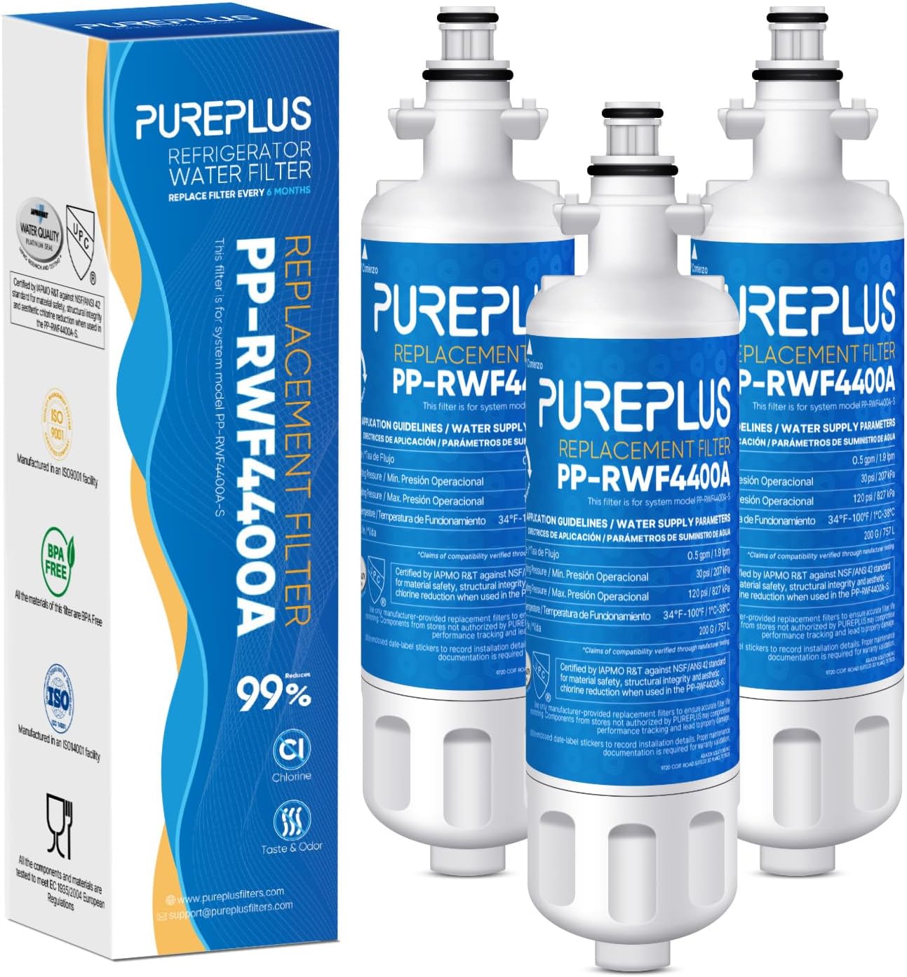 PUREPLUS 4874960100, 4877880200 NSF/ANSI 42 Refrigerator Water Filter 3Pack