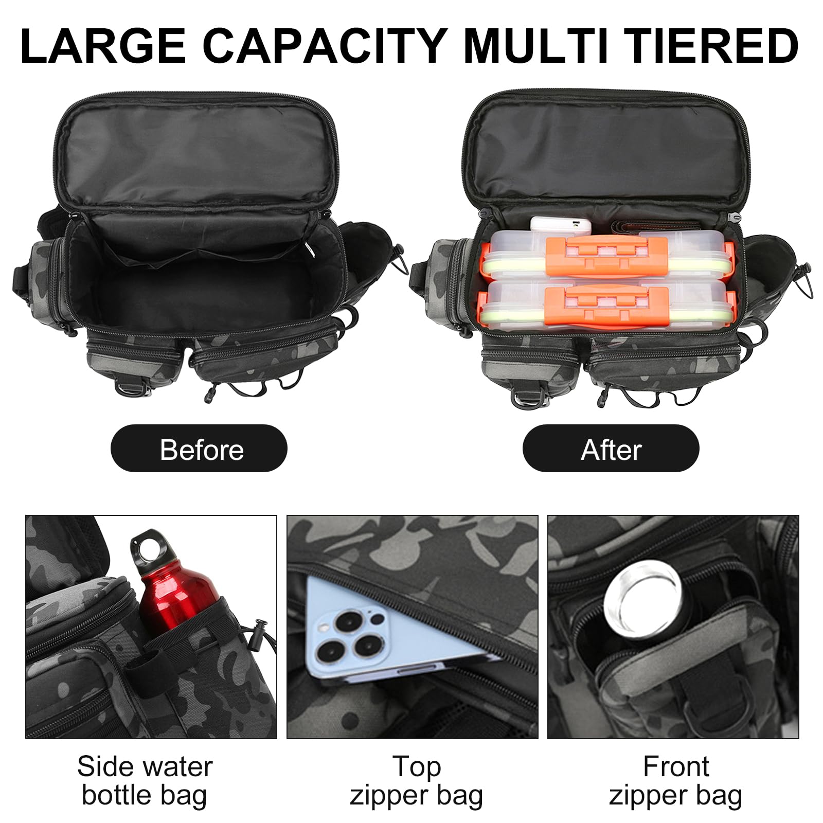 Zimoer Borsa Tracolla da Pesca, Borsa per Attrezzatura da Pesca con Porta Canna, Zaino Impermeabile per Escursionismo, Caccia, Campeggio, Attività all'aperto (Nero Mimetico)