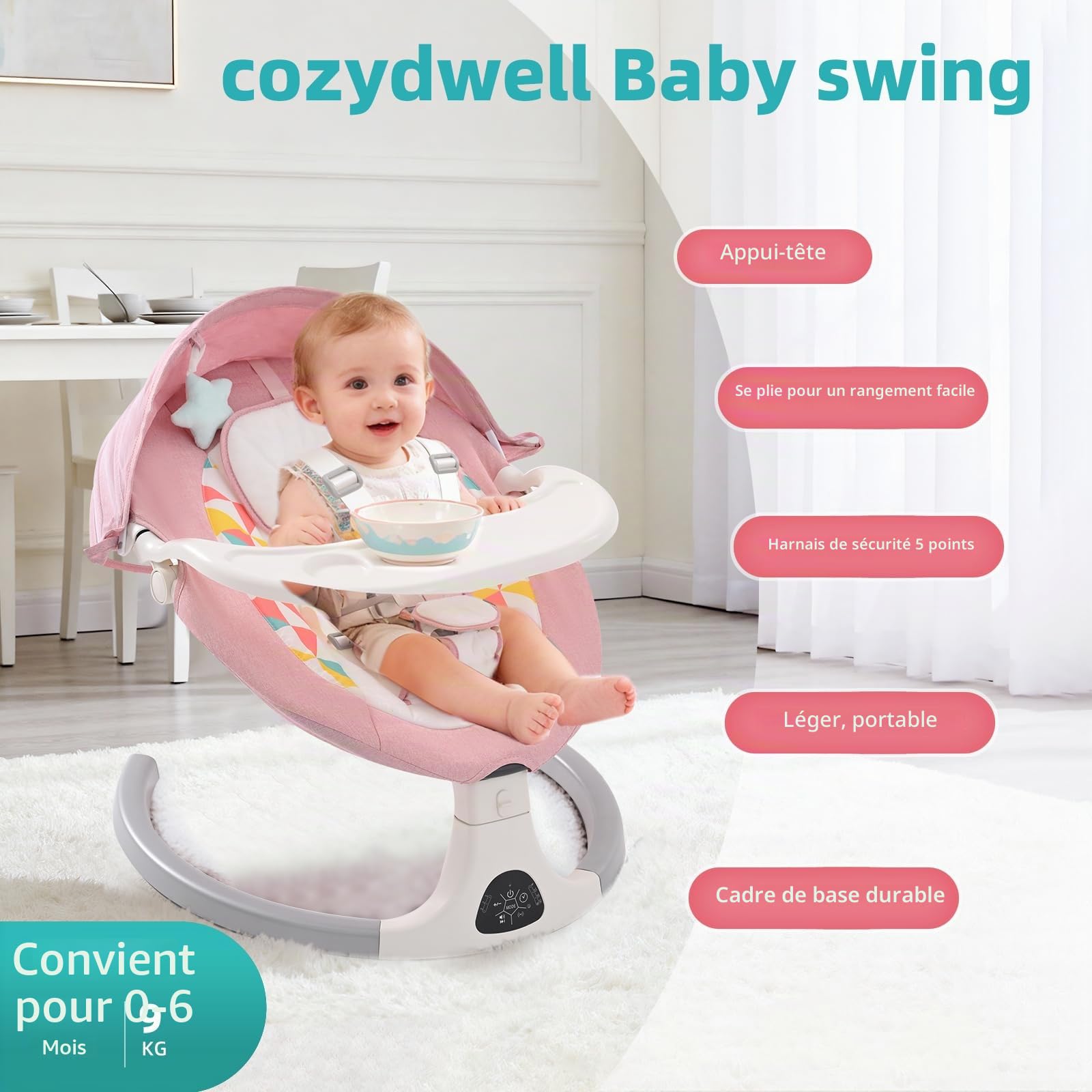 Bebe Balancelle Électrique avec Bluetooth, 5 Vitesses, 3 Angles, Télécommande, Écran Tactile et Plateau Amovible (Rose)