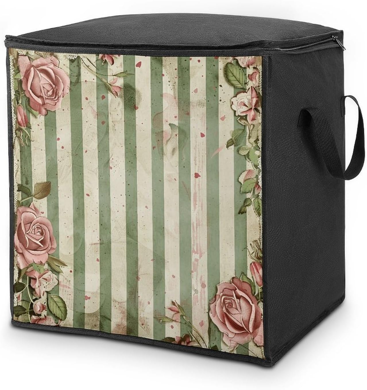 Portable Quilt Storage Bag,Roses And Green Plants Printed Foldable Wardrobe Storage Box Foldable Storage Bag with Lids And Handle Large Clothing Storage Bag for Comforters Clothes Blankets Pillows