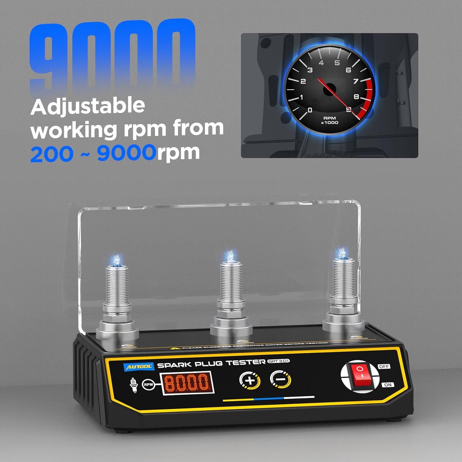 AUTOOL Spark Plug Tester Automotive Engine Ignition Coil Tester 200-9000rpm Adjustable Working Frequency, Three Holes Spark Plug Gap Tool with Protective Cover for All 12V Gasoline Vehicles