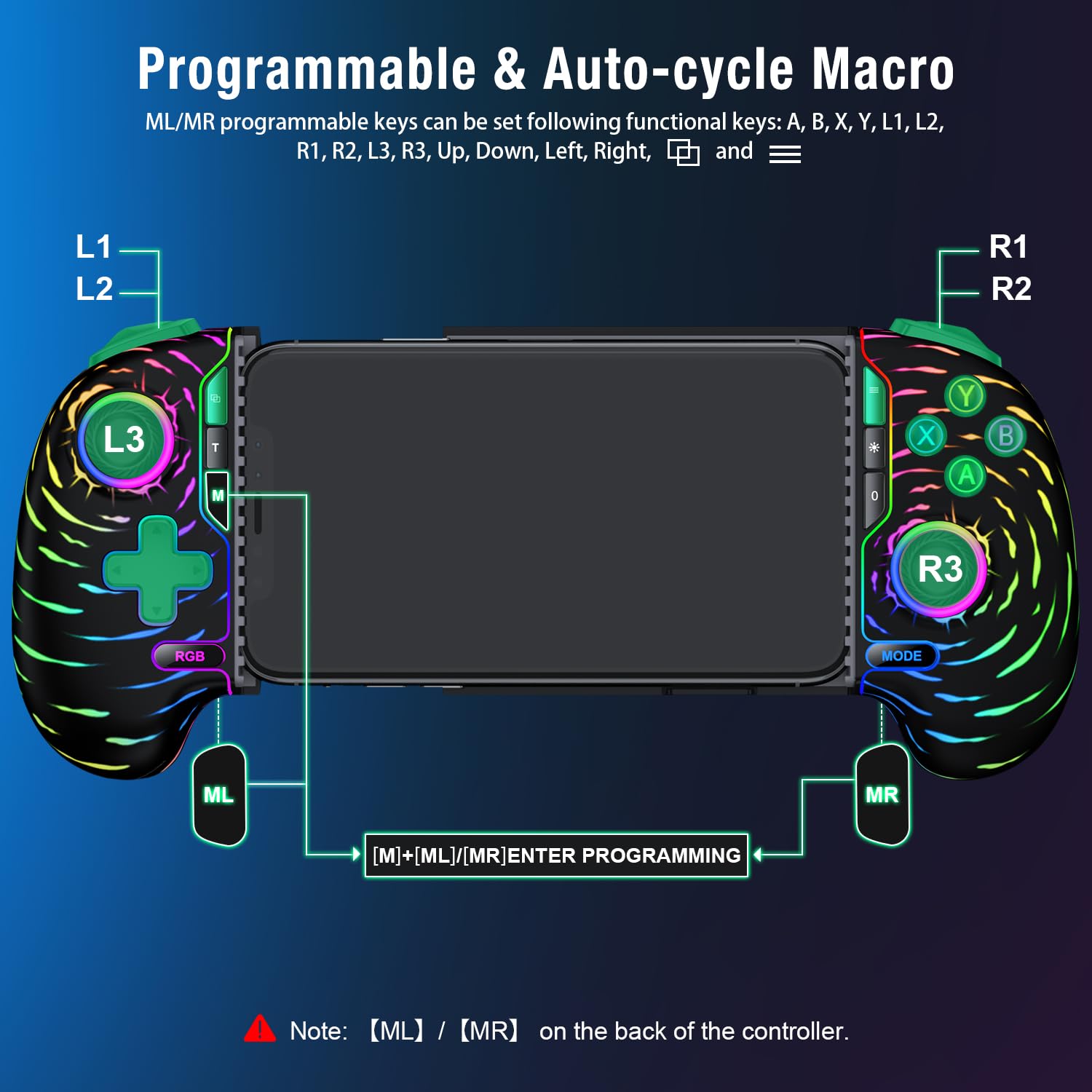 Controller da gioco mobile per iPhone e Android, controller per telefono per Xbox/Steam/GeForce Now/MFi Apple Arcade/Roblox/Minecraft, controller wireless per giochi telefonici con effetto Hall/RGB