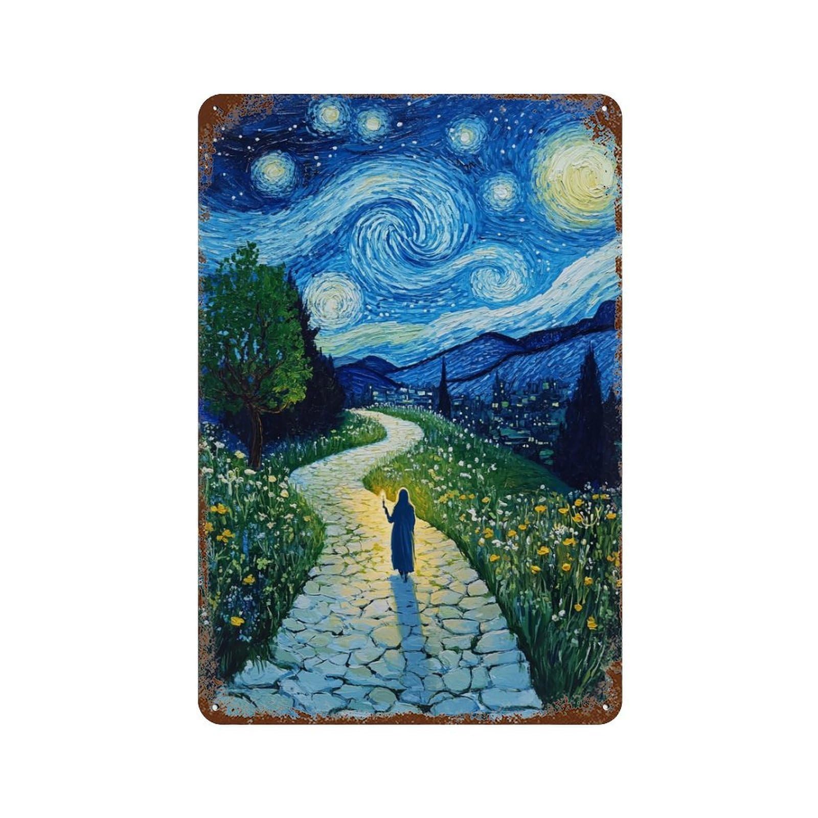 Distressed Metal Wall Sign with Starry Night Pathway Painting Design 11.8"x7.9", for Cafe, Home Bar And Lounge Decor, Retro Wall Decor