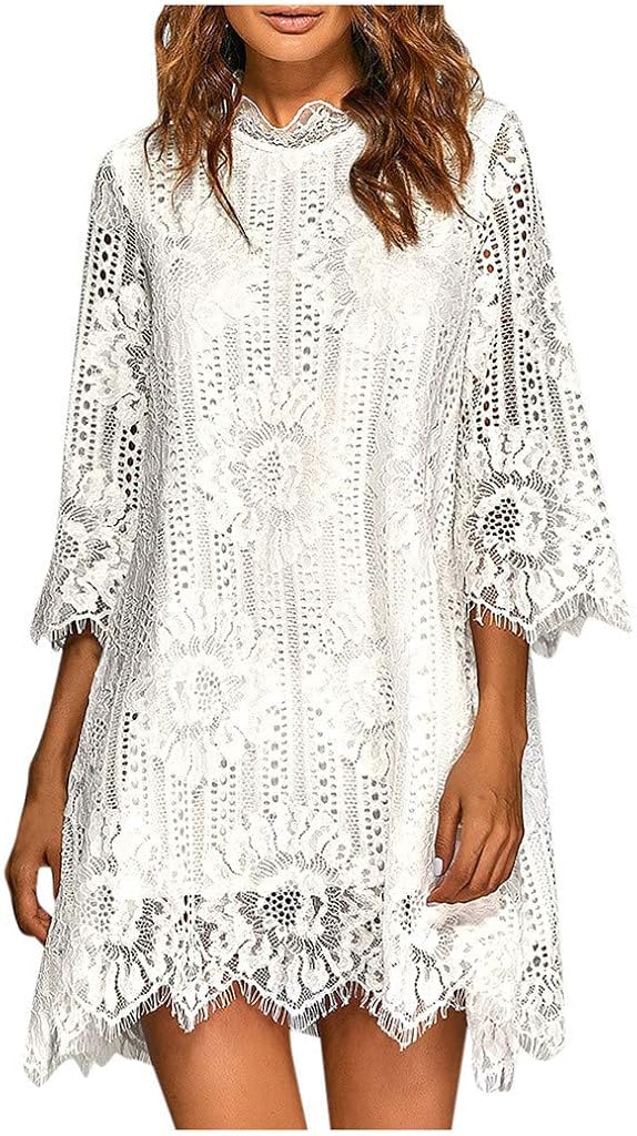 Women's 3/4 Sleeve T Shirt Dress Plus Size Lace Print Elegant Loose