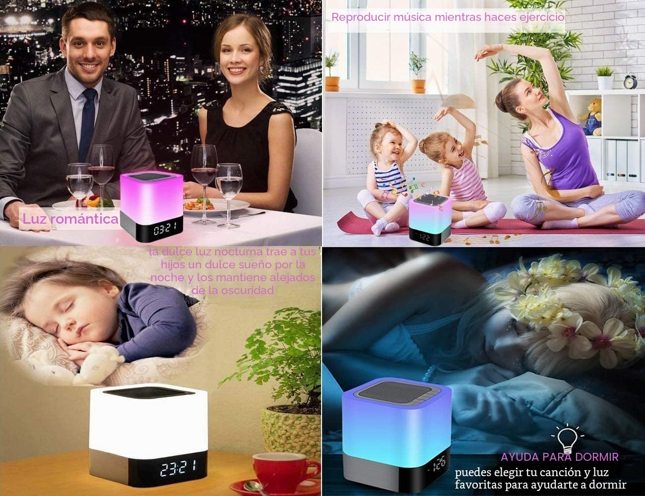 Luces nocturnas Altavoz Bluetooth,Lámpara de Noche Smart Touch, Reloj Despertador Digital, Luz de Noche Multicolor RGB Regulable, Regalos para Niños Adolescentes
