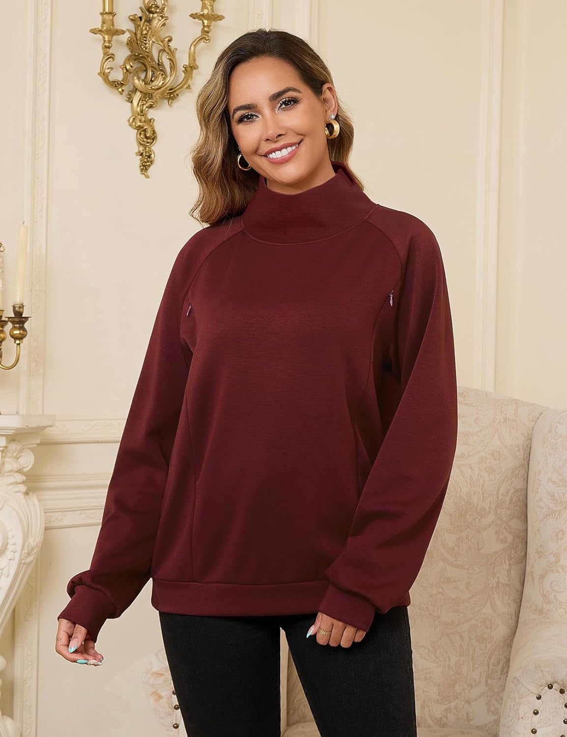 Bhome Nursing Sweatshirt for Breastfeeding High Neck Long Sleeve Nursing Shirt Zipper Maternity Pumping Top Pullover - Image 3