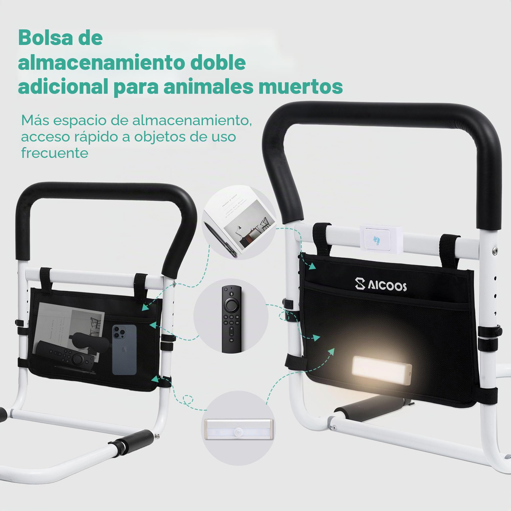 Cama de gran tamaño para personas mayores, con asa, ayuda para levantarse, barandilla de cama para personas mayores, altura ajustable, incluye accesorios para la prevención de caídas por la noche y