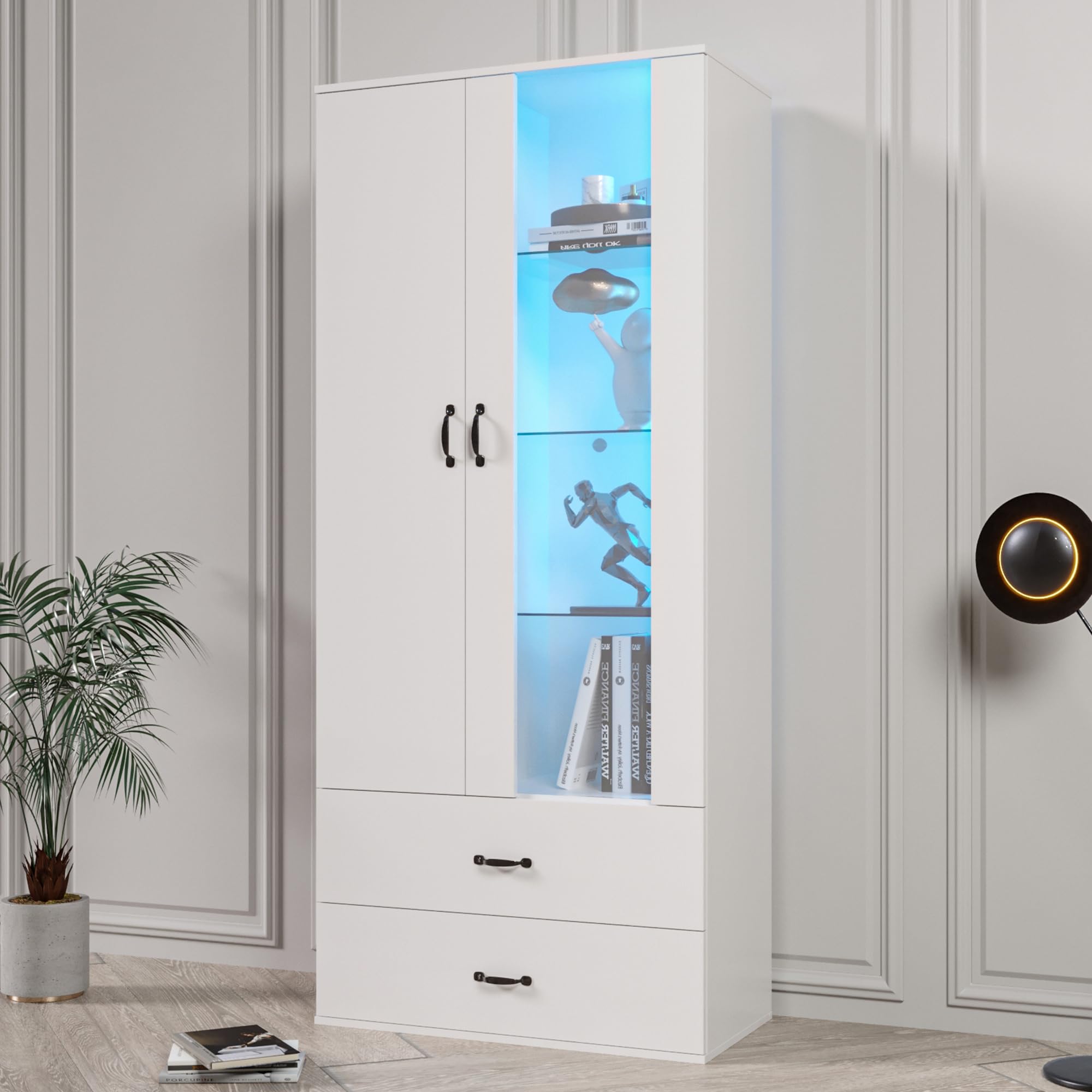 Vitrina iluminada por LED de 16 colores, 2 puertas, 2 cajones con puertas de cristal, vitrina de pie con LED blanca, para salón, pared de salón, vitrina LED, armario de buffet, estantería alta,