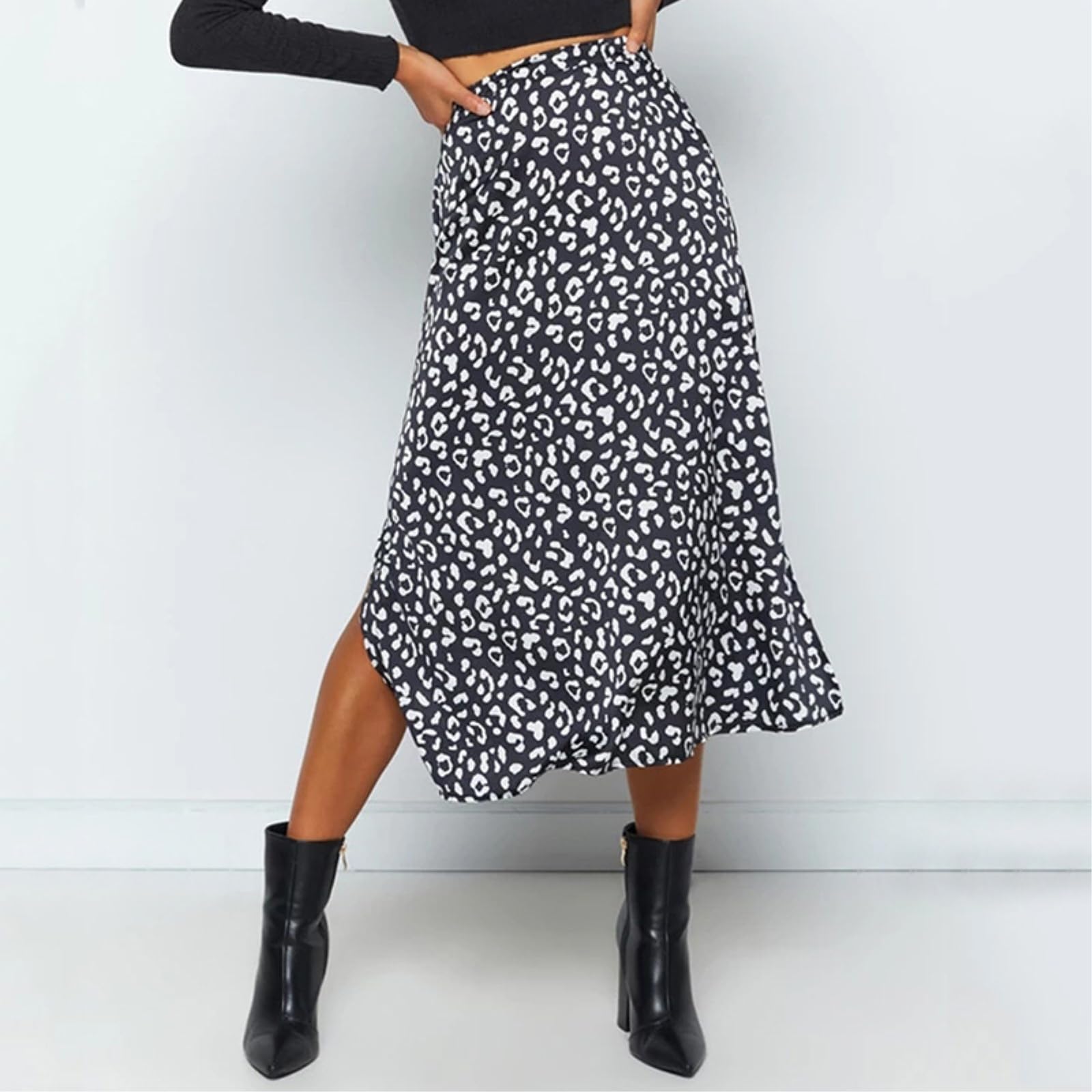 Jupe A-ligne noire à motif léopard pour femme avec fermeture éclair latérale