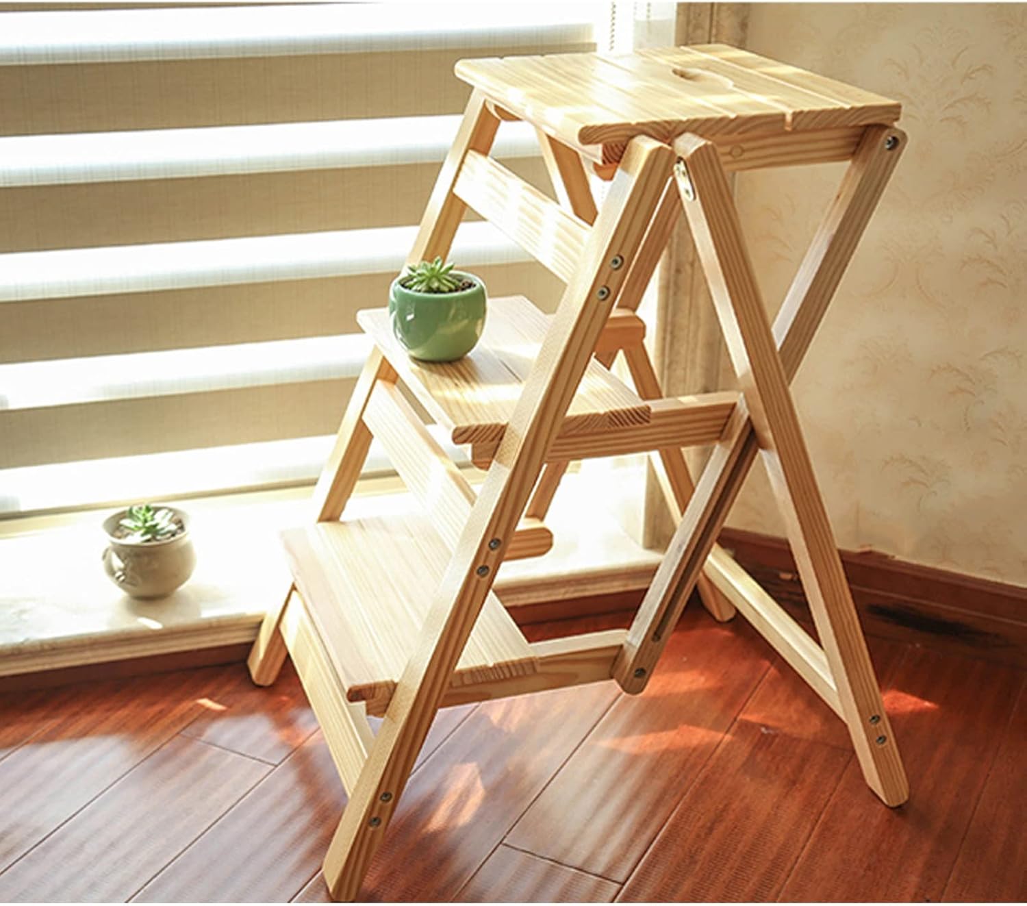Shower Stool,Elderly Bath Stool, 3-Step Ladder Chair Step Stool Flower Rack Bookshelf，Stairs Chair Wooden Large Steps Ladder Folding Kitchen Step Safety Non-Slip Tread Shoe Bench