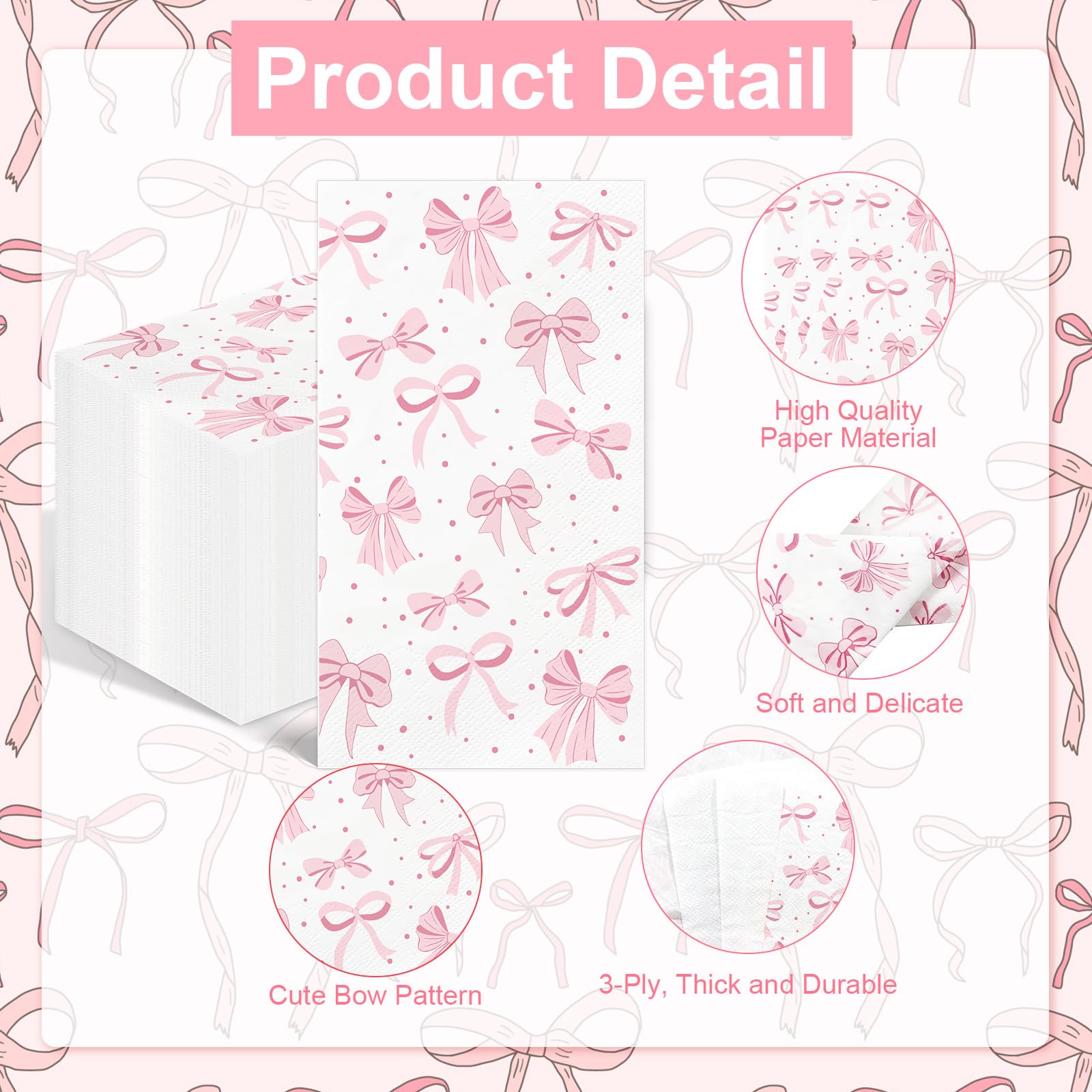 100 servilletas de lazo rosa, toallas de mano desechables para baño, servilletas de papel decorativas de 3 capas, servilletas de papel con lazo rosa, servilletas de invitados para cumpleaños