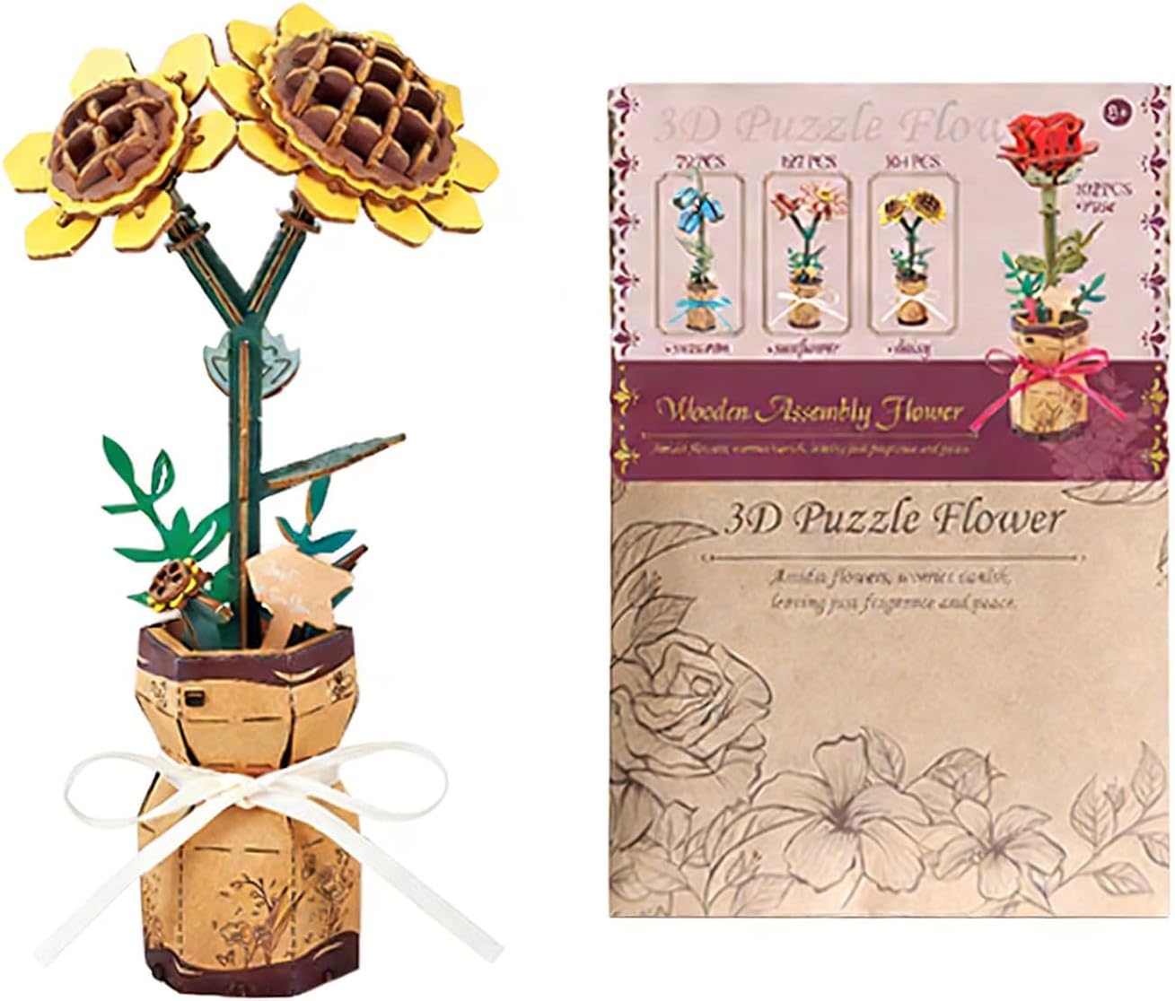 3D Wooden Puzzles for Kids DIY Wooden Flower Building Block Set Craft for Children Adults to Build Valentine's Day/Mother's Day/ Teacher's Day/ Birthday Gifts (Sunflower)