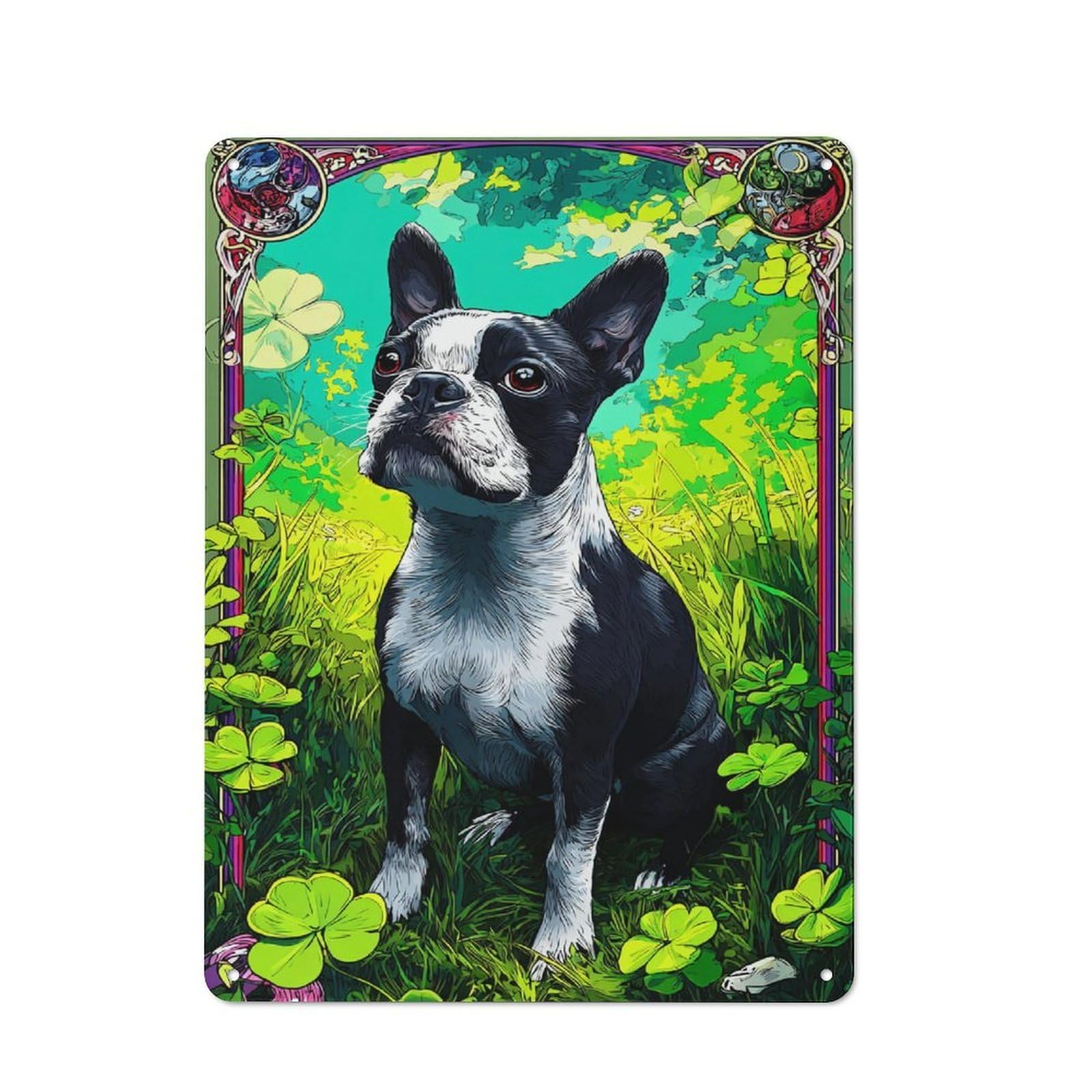 Junmoney Brightly Colored Boston Terrier Portrait Metal Plaque With Design 40X30cm, Cosy Diner Style Decor For Coffee Bar, Kitchen, Bistro Or Tea Corner