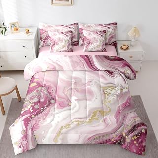 jejeloiu Pink Marble Comforter Set with Sheets 7 Piece Full Size Marble Art Painting Bedding Set for Kids Boys Girls Abstract Bed in a Bag Modern Room Decor Soft Lightweight Microfiber