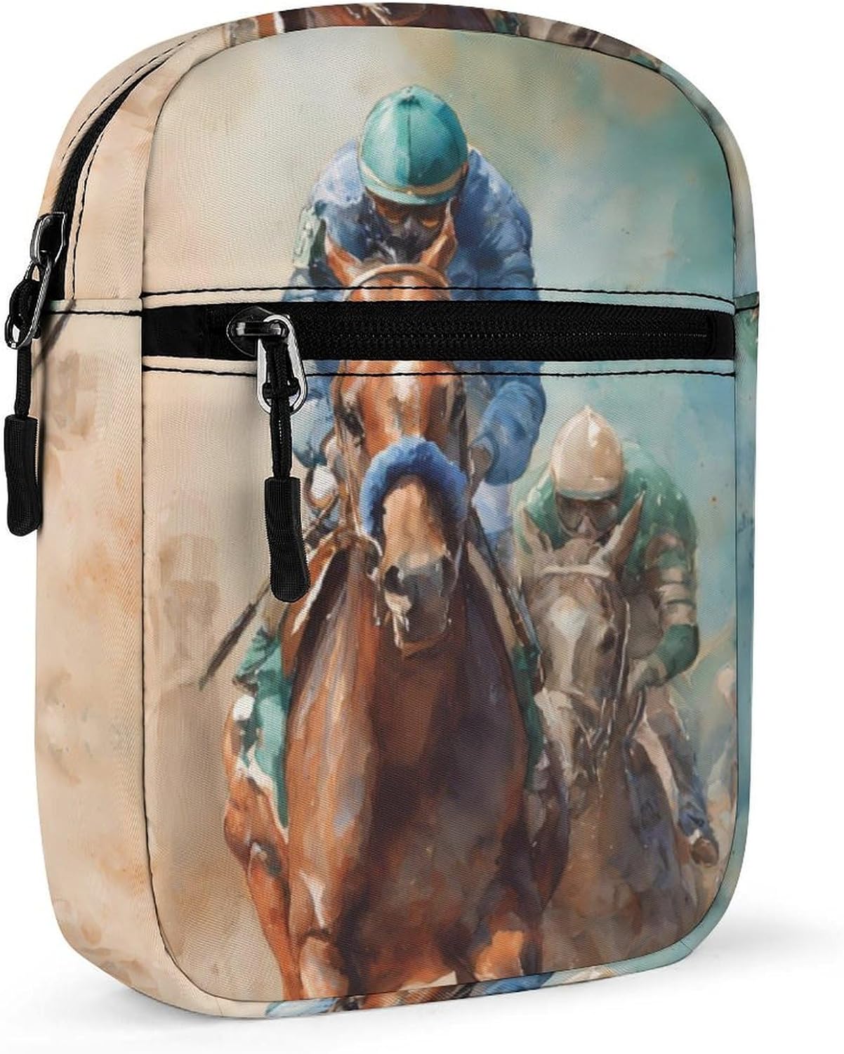 Watercolor Horse Racing Small Crossbody Bag Sling Shoulder Satchel | for women men,work travel workout,detachable and adjustable shoulder strap