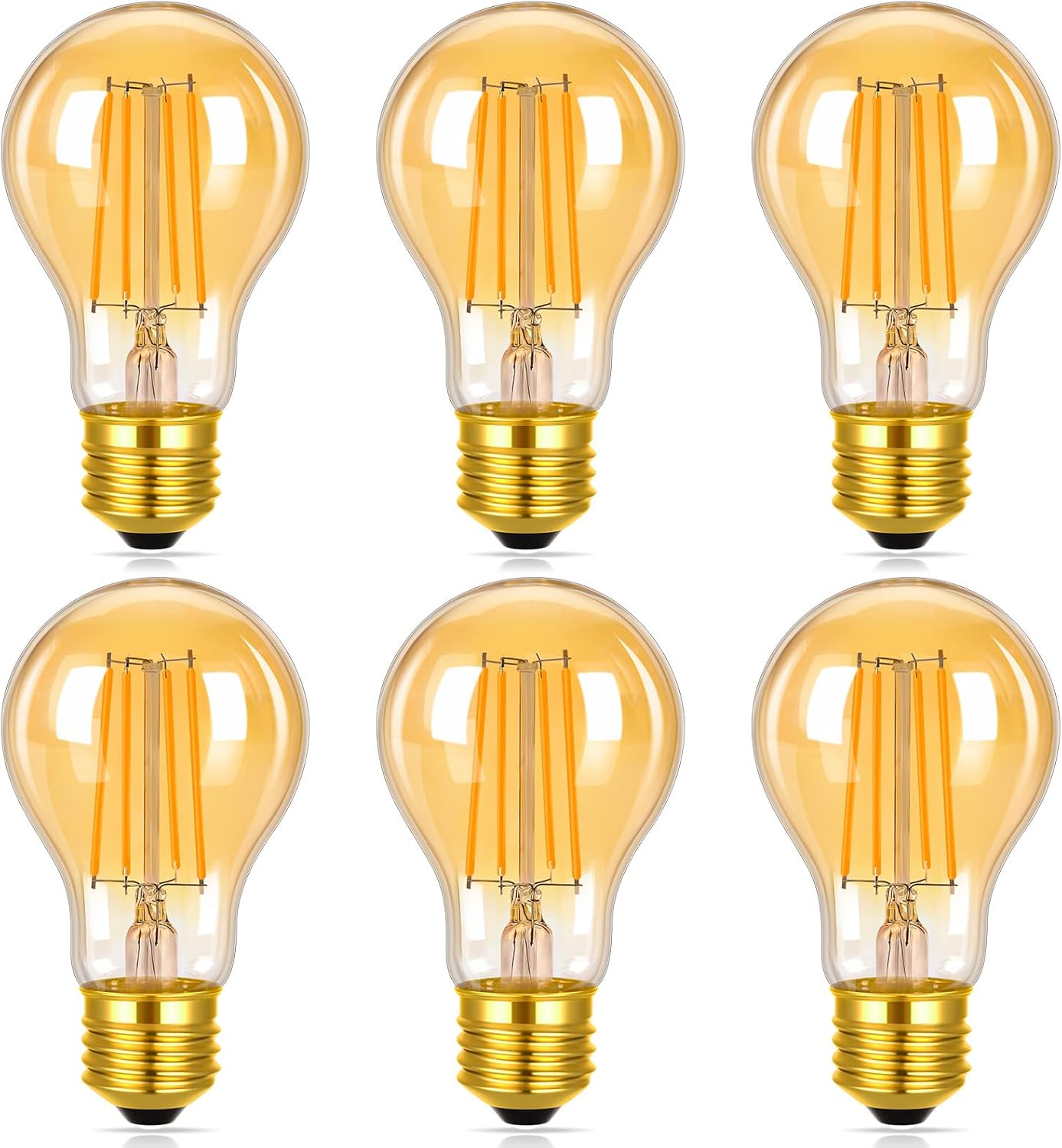 A19 Vintage LED Edison Bulbs 60W Equivalent, Amber Warm Light 2200K, Dimmable 6W A60 Antique LED Filament Bulbs, E26 Base Amber Light Bulbs for Home, 6 Pack