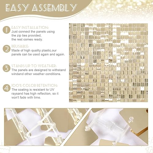 Miniatura 5 de Telón de fondo de pared cuadrado brillante dorado claro, paquete de 24 telón de fondo de lentejuelas con purpurina para bodas, aniversarios,