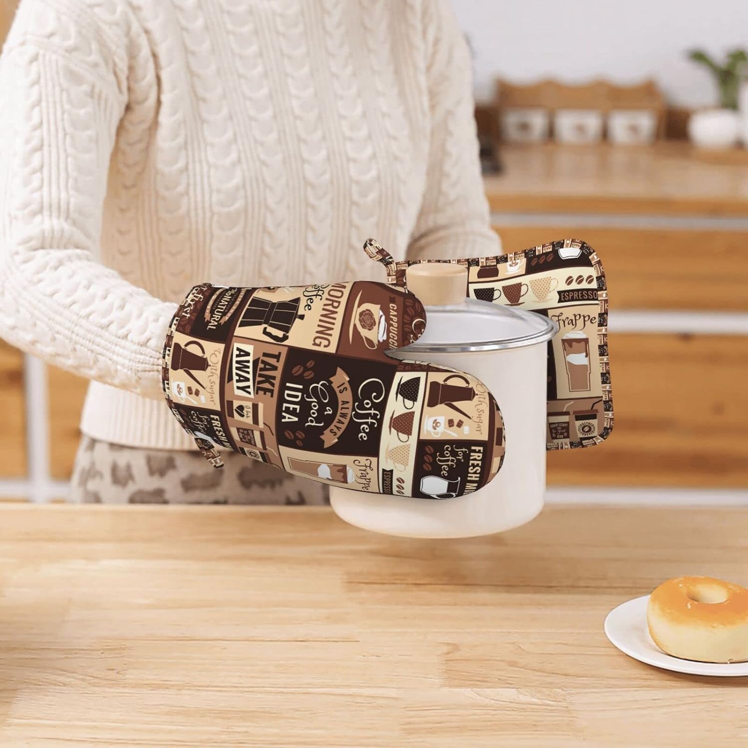 オーブンミット ポットホルダーセット コーヒーパターン シリコン モダンアート キッチングローブ 鍋つかみ 耐熱性 シェフ ベーキン