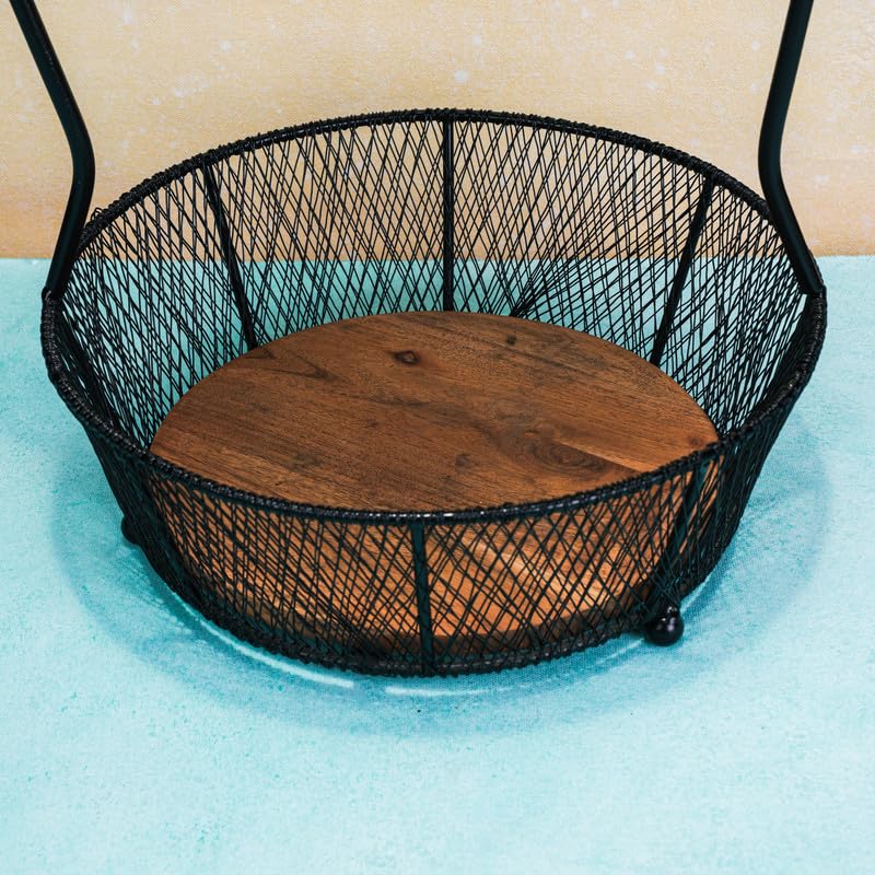 Image of Nest Multipurpose 2-Tier Storage Basket | Acacia Wood & Iron Handles | Wooden Storage Organizer | Kitchen, Living Room, Bathroom & Home Decor | Natural Finish