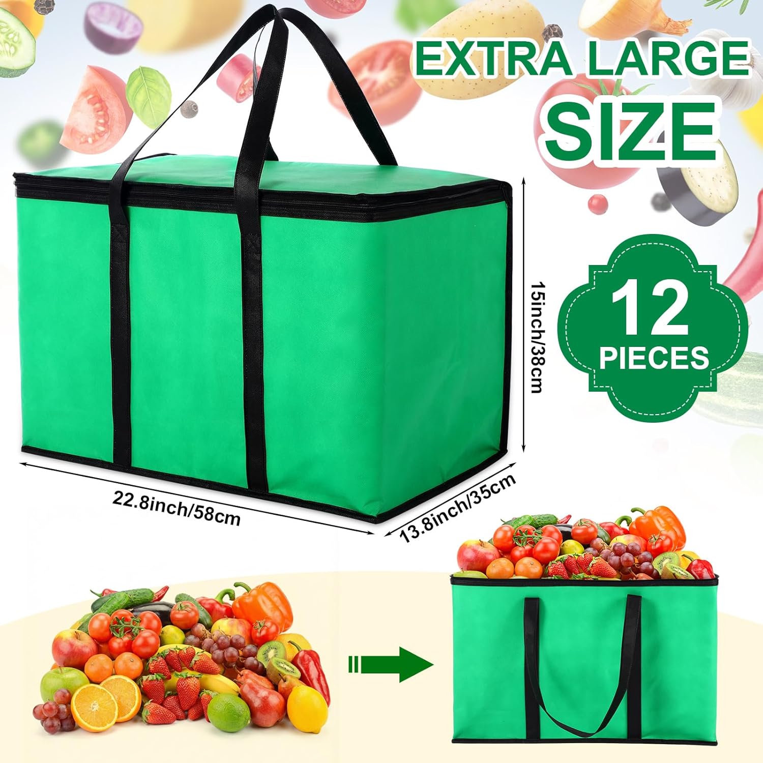 12 Pcs Large Insulated Food Delivery Bag Bulk XXXL Reusable Grocery Bags Foldable Catering Insulated Cooler Bag with Sturdy Handles for Takeout Shopping Camping, Warmer/frozen(Green) - Image 2