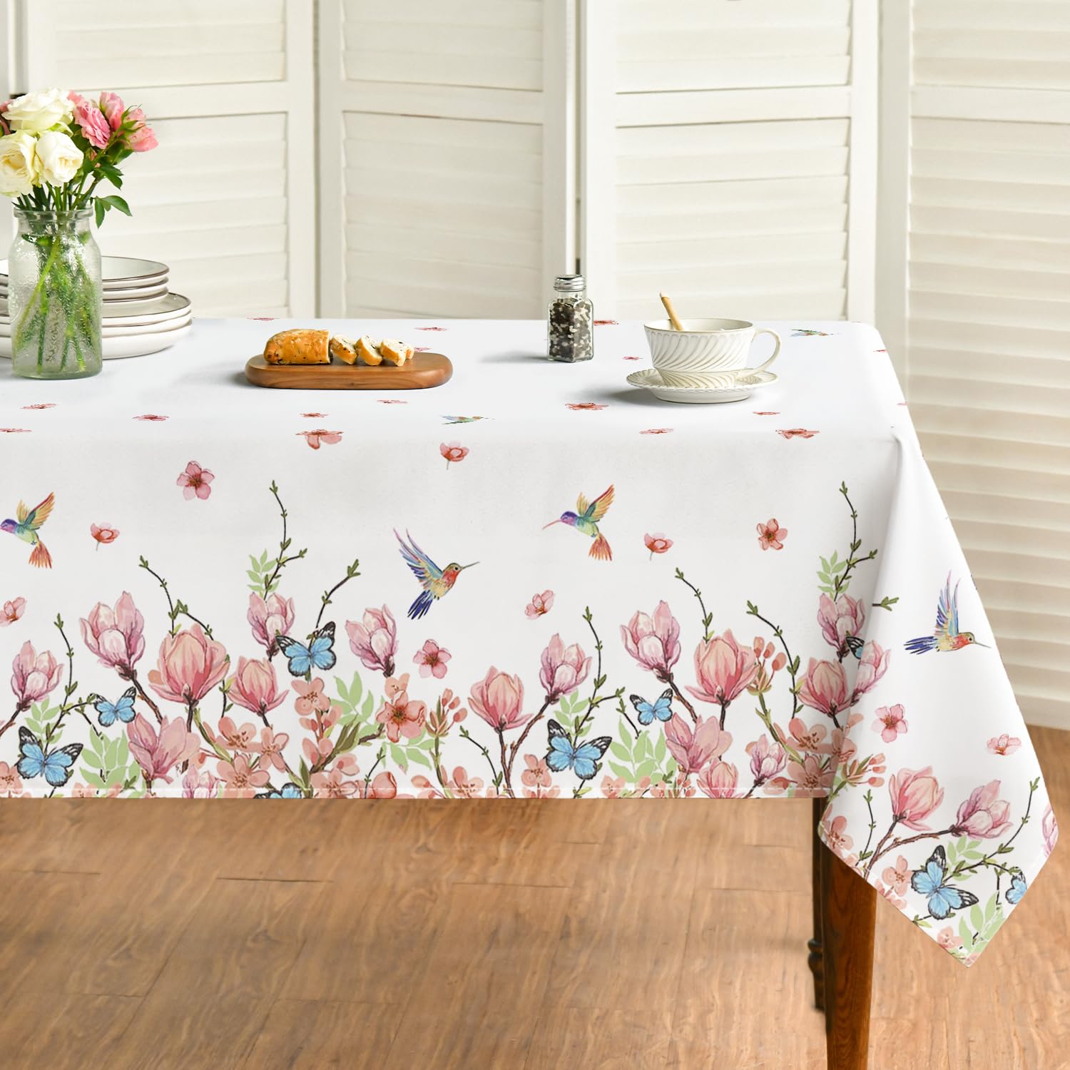 Horaldaily Spring Tablecloth 60×84 Inch Rectangular, Hummingbird Butterfly Flower Washable Seasonal Table Cover for Party Picnic Dinner Decor