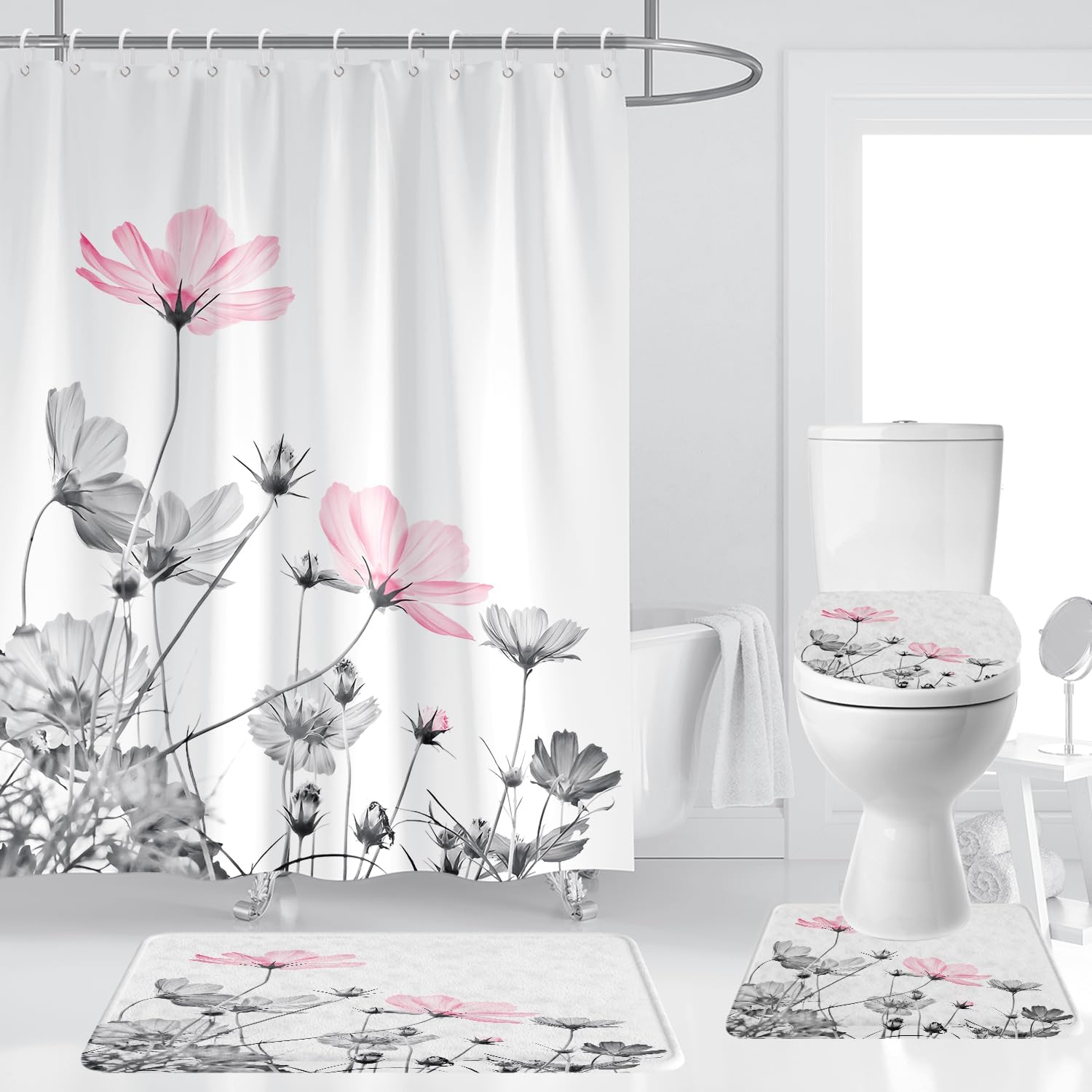 Pink Gray Shower Curtain Set 4Pcs Daisy Floral Spring Grey Flower White Background Wildflower Botanical Bathroom Decor Toilet Lid Cover U Shaped Mat Non-Slip Rug Fabric Polyester 60x72 Inch