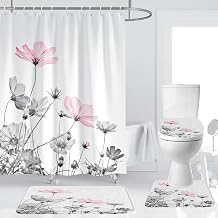 Pink Floral Shower Curtain Rug Sets, 60" W x 72" L, 12 Hooks, 4 Pcs