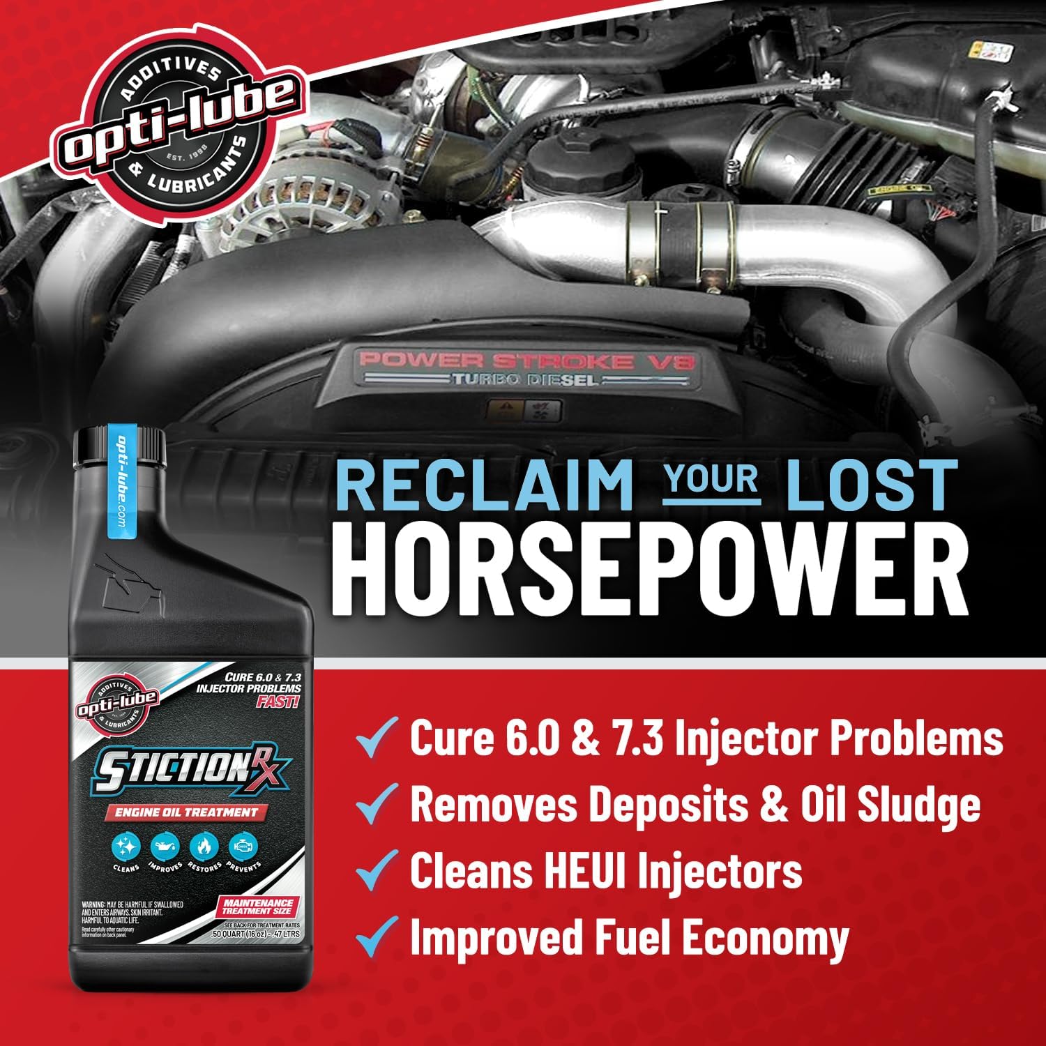 Opti-Lube Stiction Rx オイル添加剤 6.0および7.3 パワーストローク用 1パイント (16オンス)