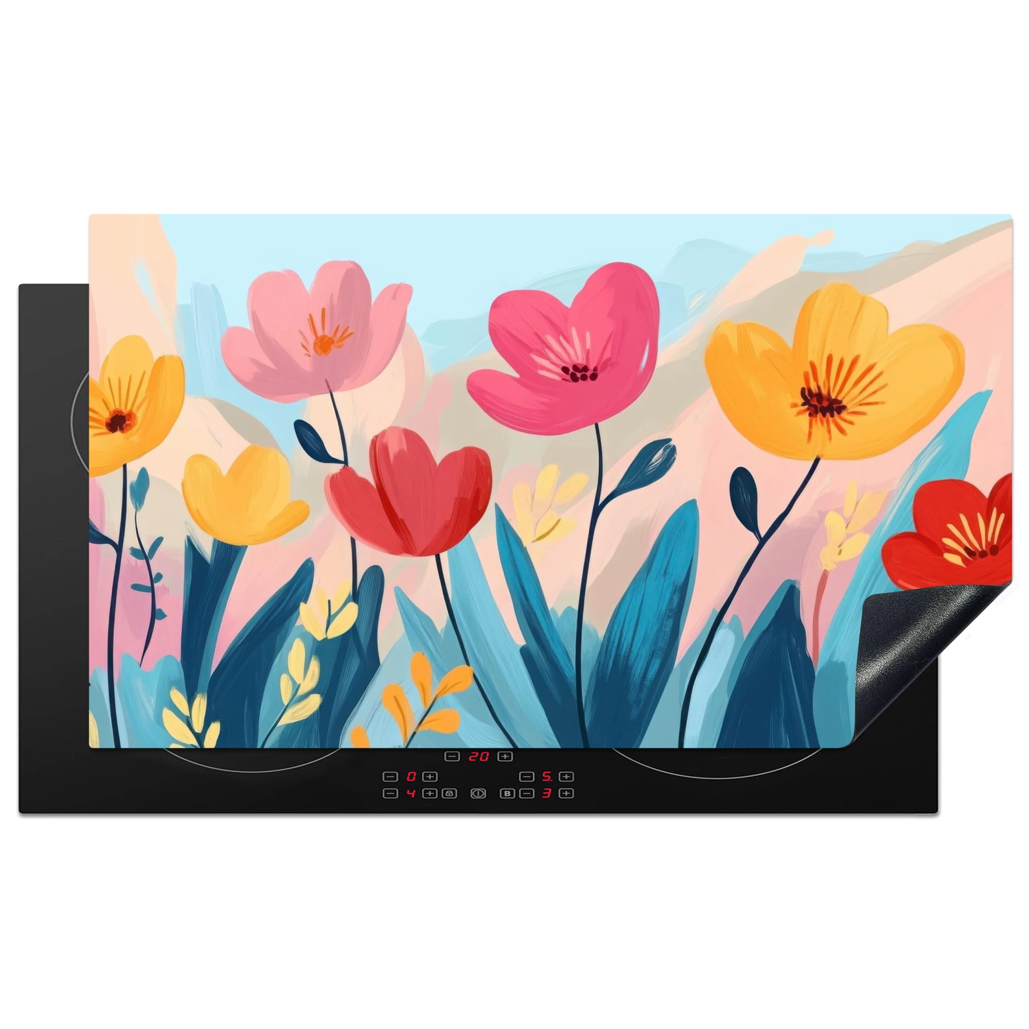 KitchenYeah© Induction Hob Protector Mat 20.5"x35.9" / 91.2x52 cm Stove Cap Top Cover Kitchen Cooker Covers for Electric Hobs Vinyl Illustration - Flowers - Colourful