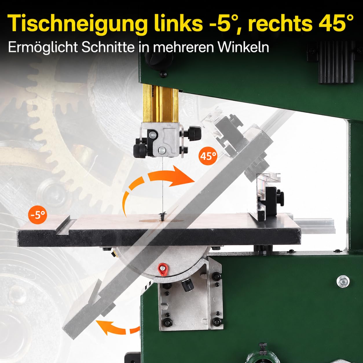 250B Tisch-Bandsäge, Holz, 350W Kupfermotor, 2-Gang 460/1000 m/min, Schnitthöhe 120mm, Tischneigung -5° bis 45°, Rad-Ø 250mm, Sägeblatt 1790mm, Stahlrahmen