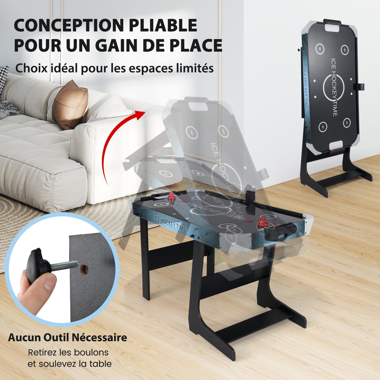 COSTWAY Table de Hockey à Air Pliable avec Marqueur Électronique LED & Ventilateur 12V, Table de Jeu Compact de 144cm avec 2 Palets & 2 Poussoirs, Air Hockey pour Adultes et Enfants