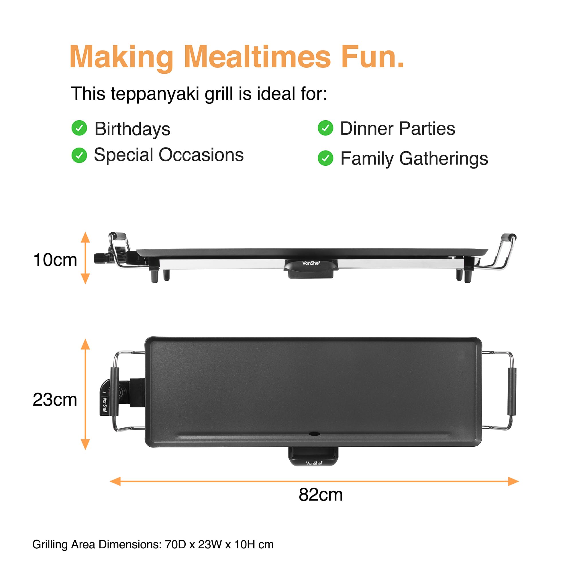 VonShef VonShef Teppanyaki Grill XL - 2000W Electric Griddle with Non-Stick Plate, Easy Clean BBQ Table Top Grill, Adjustable Temperature, Oil Drip Tray & 8 Spatulas - Meat, Vegetables & Fish, 70x23x10cm in use