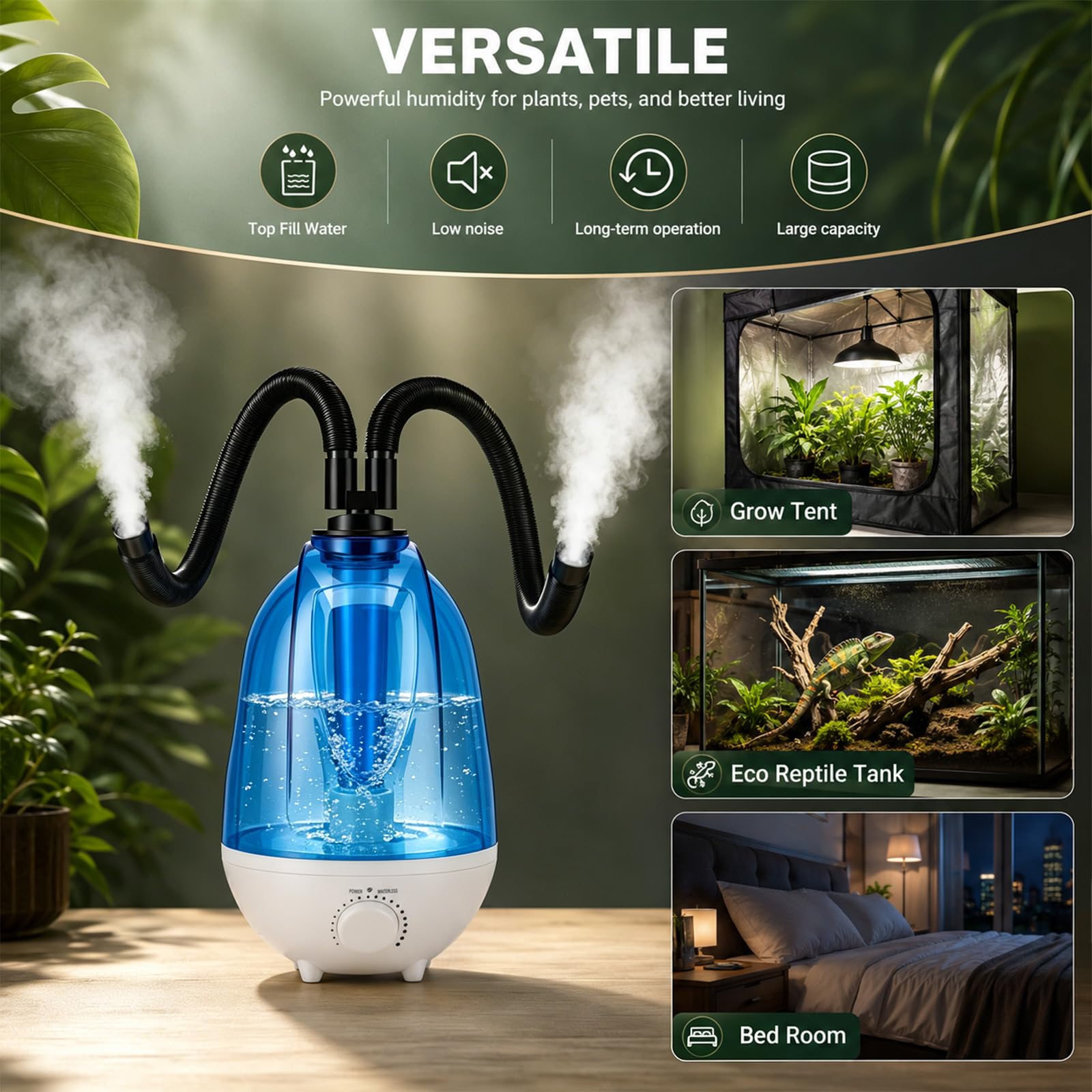 Nebulizzatore per Terrario Rettili, 4L Umidificatore per Terrario 300mL/h, Tubo Regolabile 40-160cm, 7 Colori Luce Notturna, Protezione Anti-Siccità, Ultrasonico Silenzioso con Doppio Ugello
