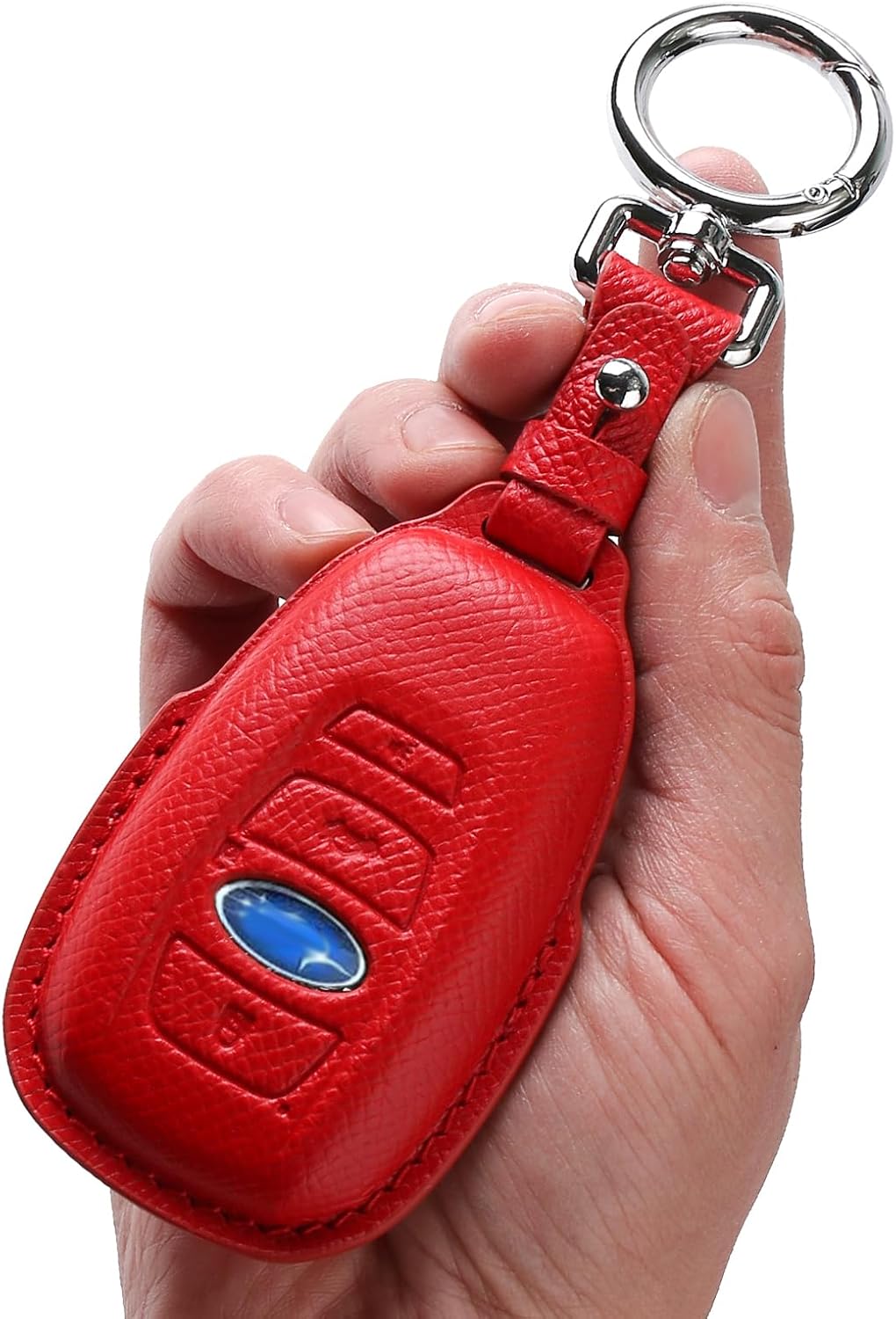 Leather Key Fob Cover with Keychain, Compatible with Subaru WRX, BRZ, XV, Outback, Ascent, Forester, Legacy,Impreza Key (Red)