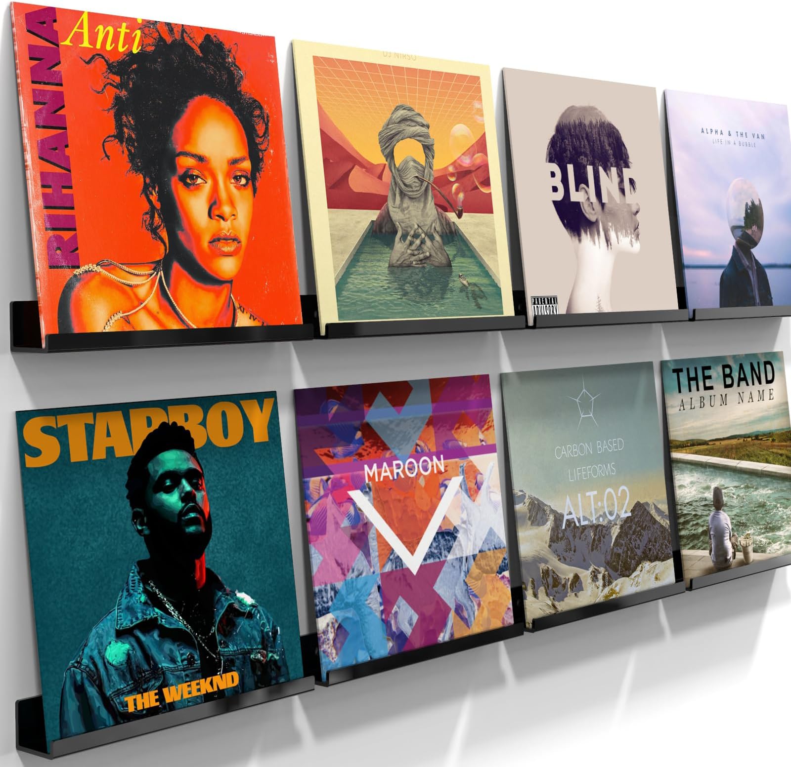 ILYXY Acrylic Vinyl Record Holder Wall Mount – 8 Pack 12-Inch Floating Vinyl Shelves, Black Record Display Frames for LP Albums & Wall Decor