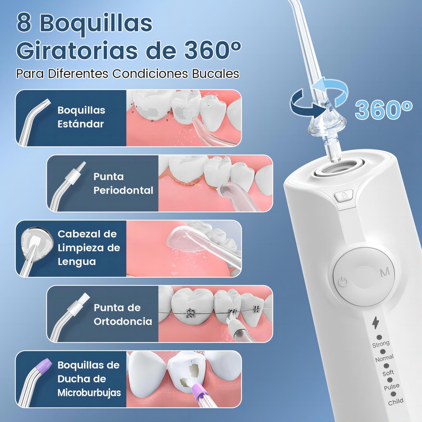 AUIEI Irrigador Dental, Irrigador Bucal Portatil Inalámbrico Profesional 8 Boquillas 5 Modos, USB Recargable Para Limpieza de Dientes, IPX7 Impermeable 300ML, Para Hogar y Viajes (Blanco)