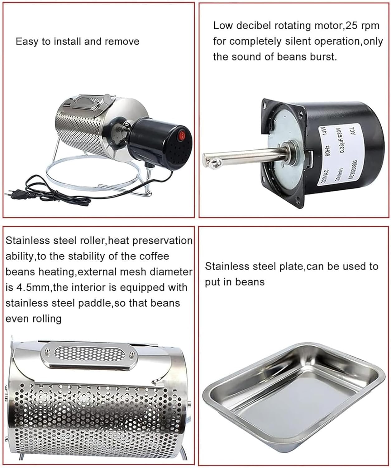 Electric Coffee Bean Roaster w/Visible Window and Stainless Steel Tray - Bake 250G at a Time/25 RPM/Low Decibel
