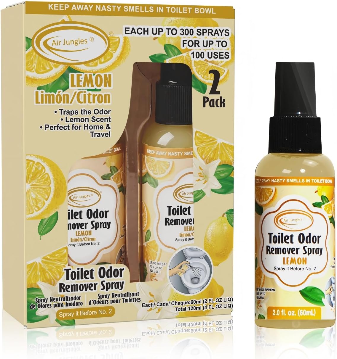 Air Jungles Toilet Poop Spray 2 Fl Oz (2 Pack), Lemon Scent Odor Eliminator