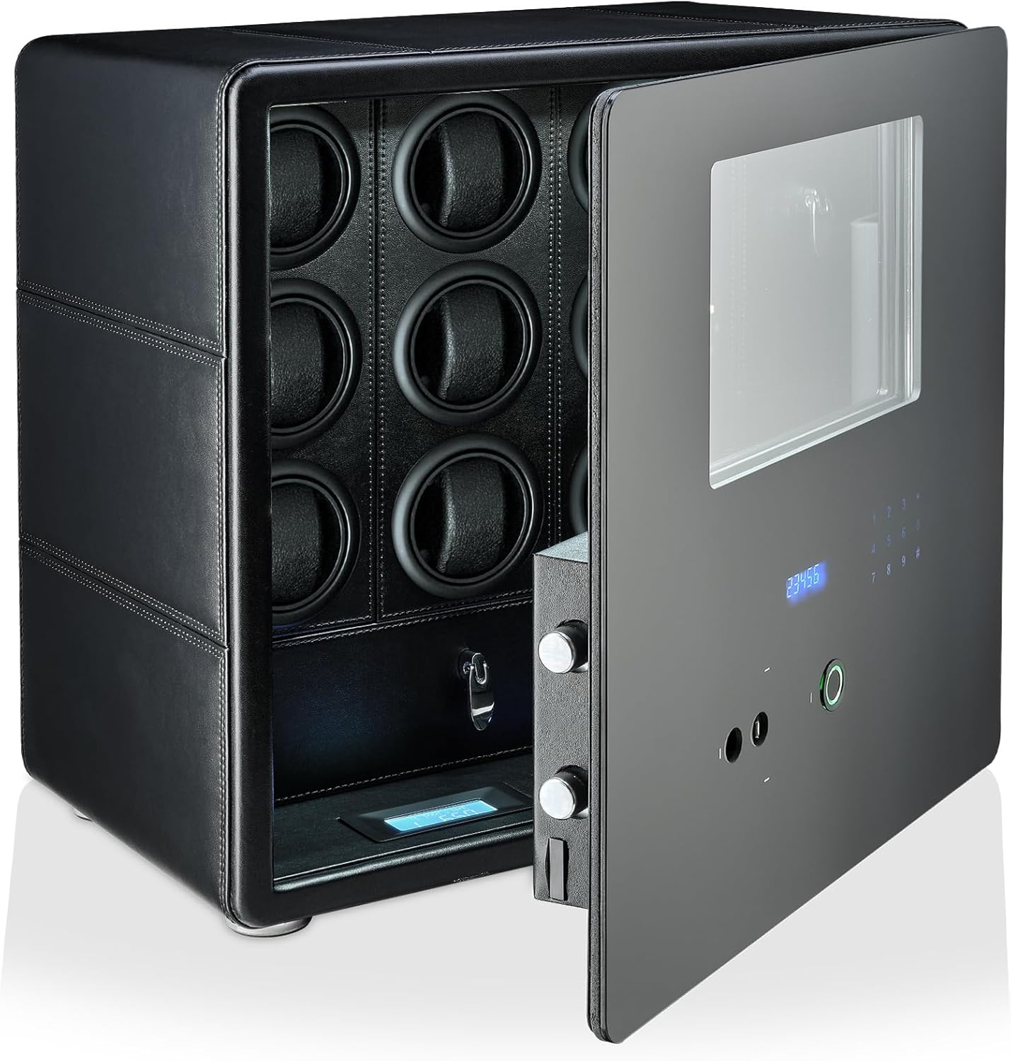 9 Watch Winder with Storage Drawer, Fingerprint Lock, Interior Light and Alarm System (Black)