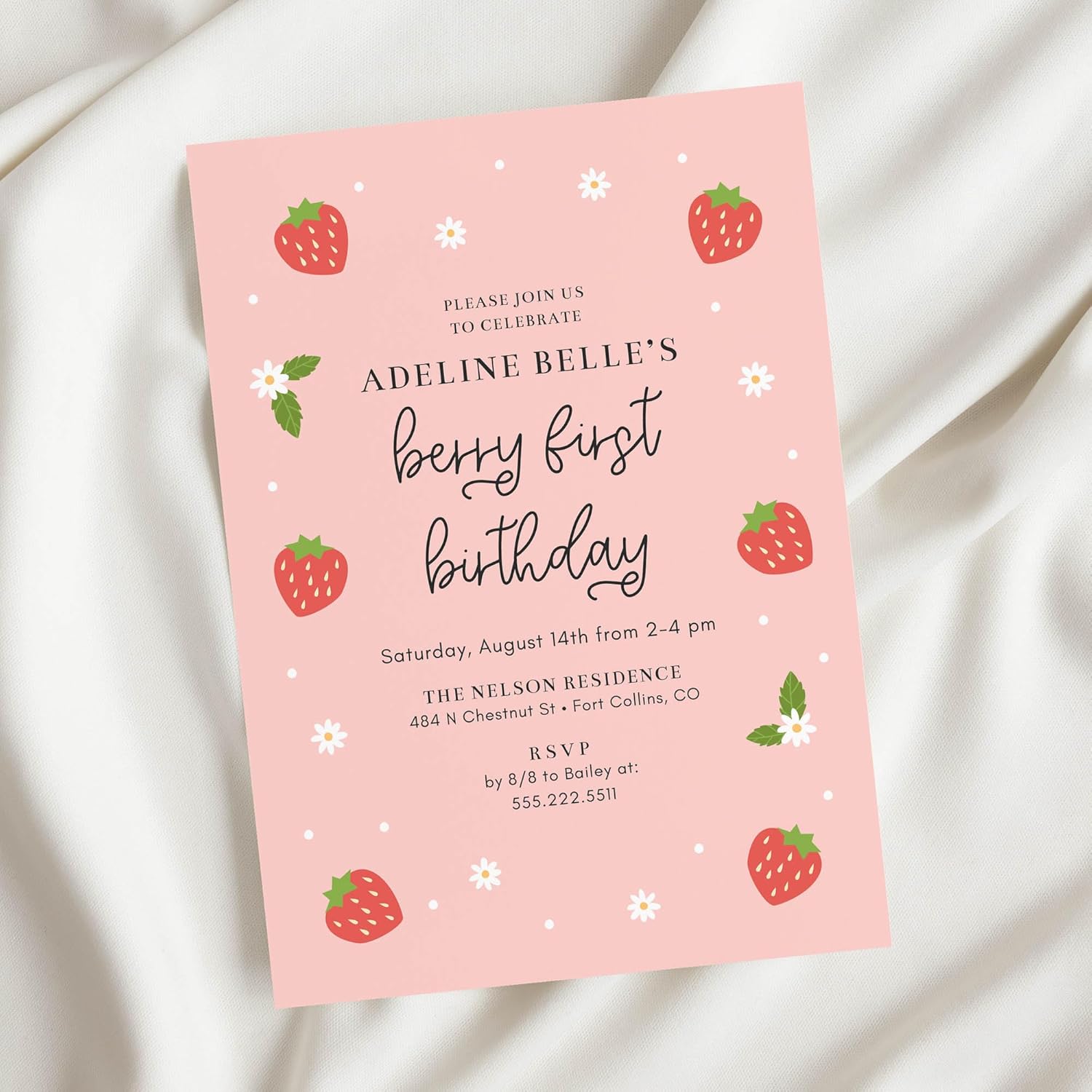 5x7 Berry First Birthday Party Invitations, Personalized Strawberry 1st Birthday Invites with Envelopes