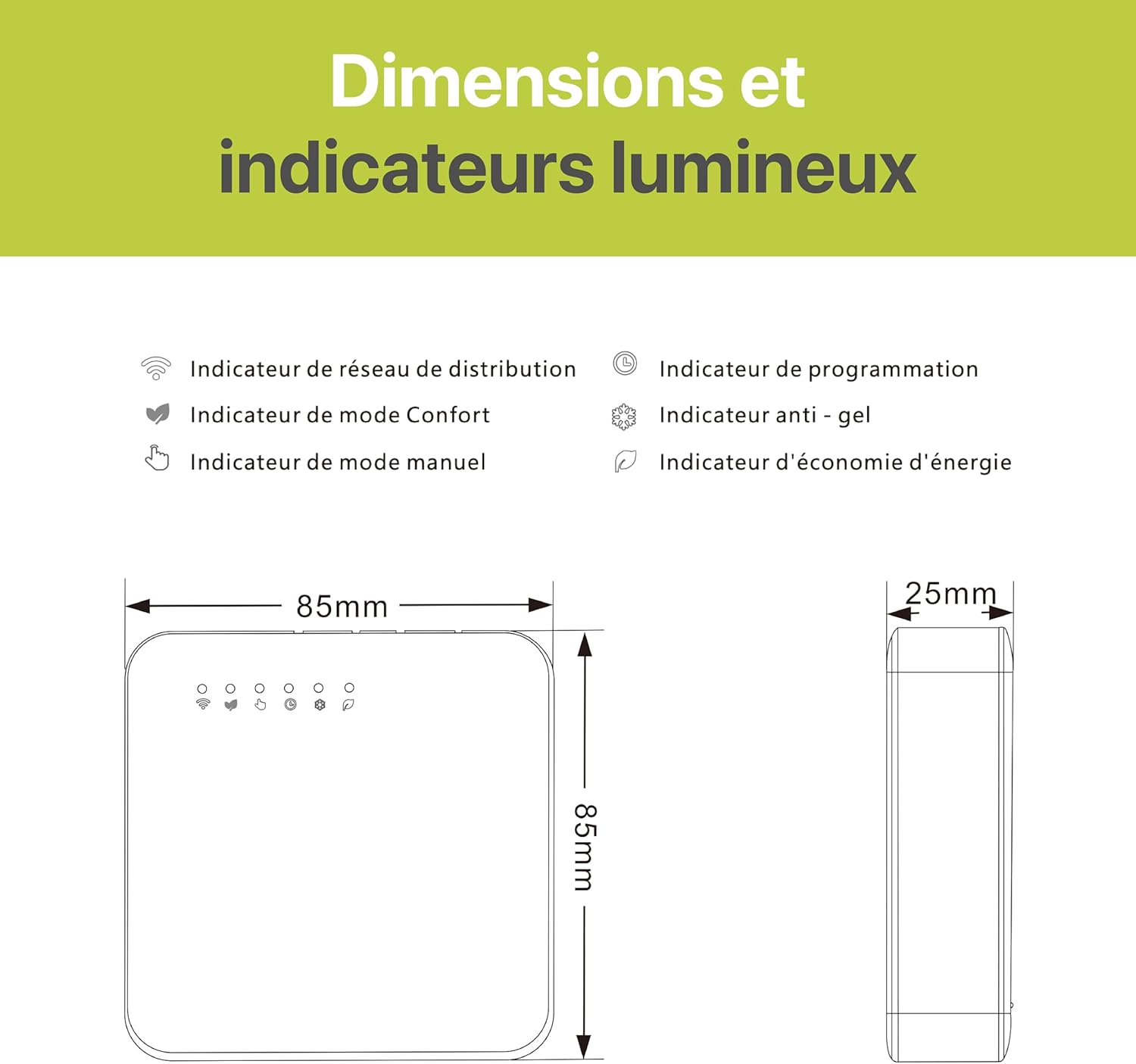 REKA Thermostat dimensions and indicator lights