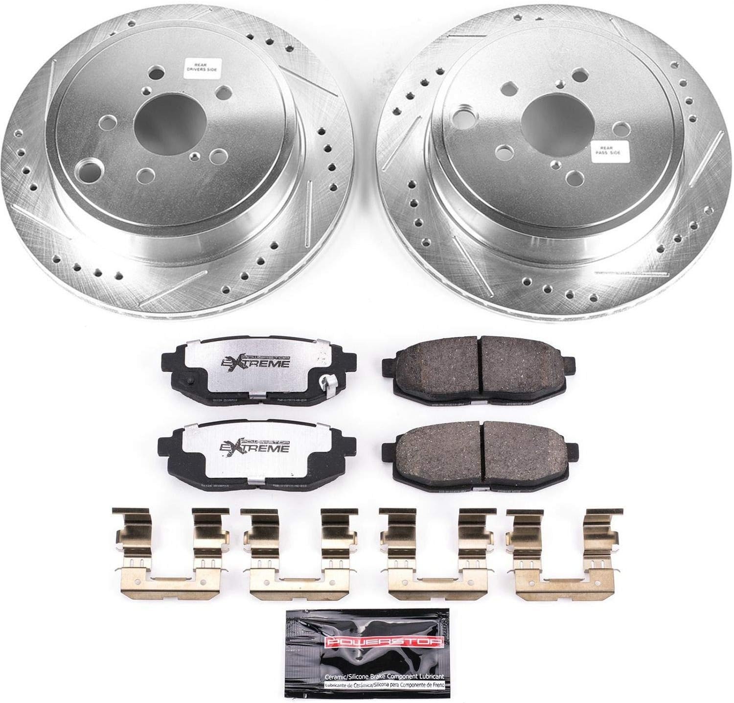 PowerStop Rear Brake Kit For Scion FR-S 2013-16 |Subaru BRZ 2013-20 |BRZ 2022-24 |Legacy 2010-14 |Outback 2010-14 - Carbon Fiber Ceramic Brake Pads + Drilled & Slotted Rotors Upgrade, K5883-26