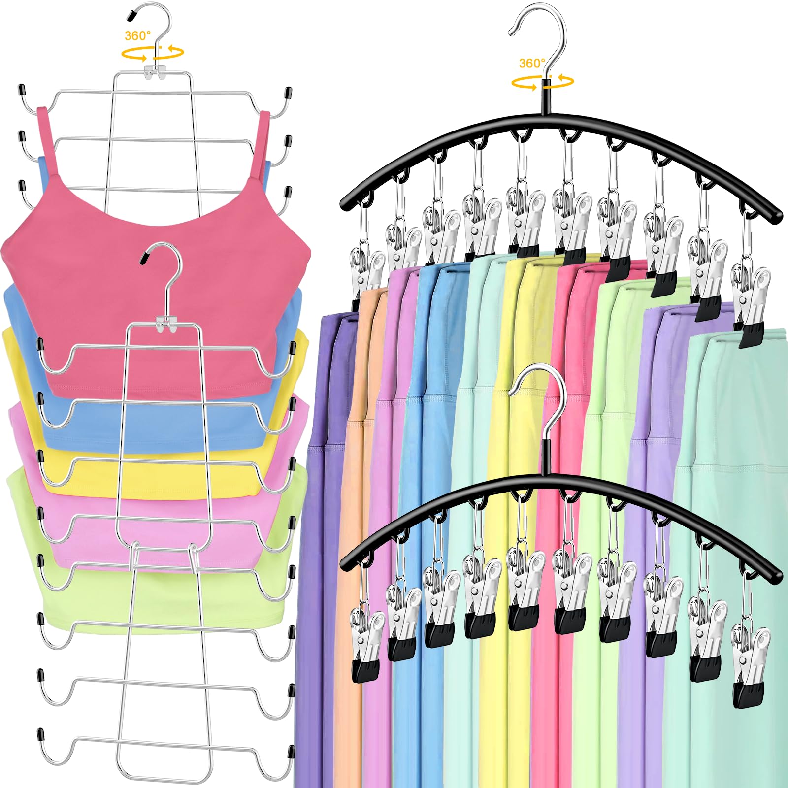 TomCare Paquete de 2 perchas para camisetas sin mangas y 2 organizadores de leggings, organizador de sujetadores deportivos que ahorran espacio, perchas de metal para pantalones de yoga con 20 clips,