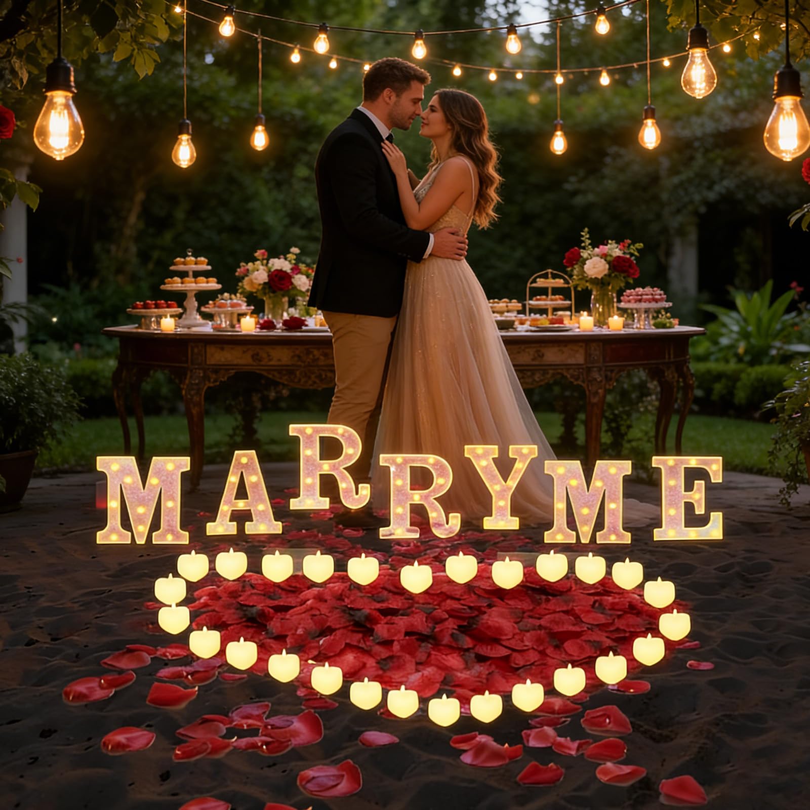 2031 pezzi rosa MARRY ME lettere luminose come decorazione per proposte di matrimonio, 2000 petali di rosa, cartello MARRY ME con 24 candele a cuore senza fiamma, per proposte di matrimonio