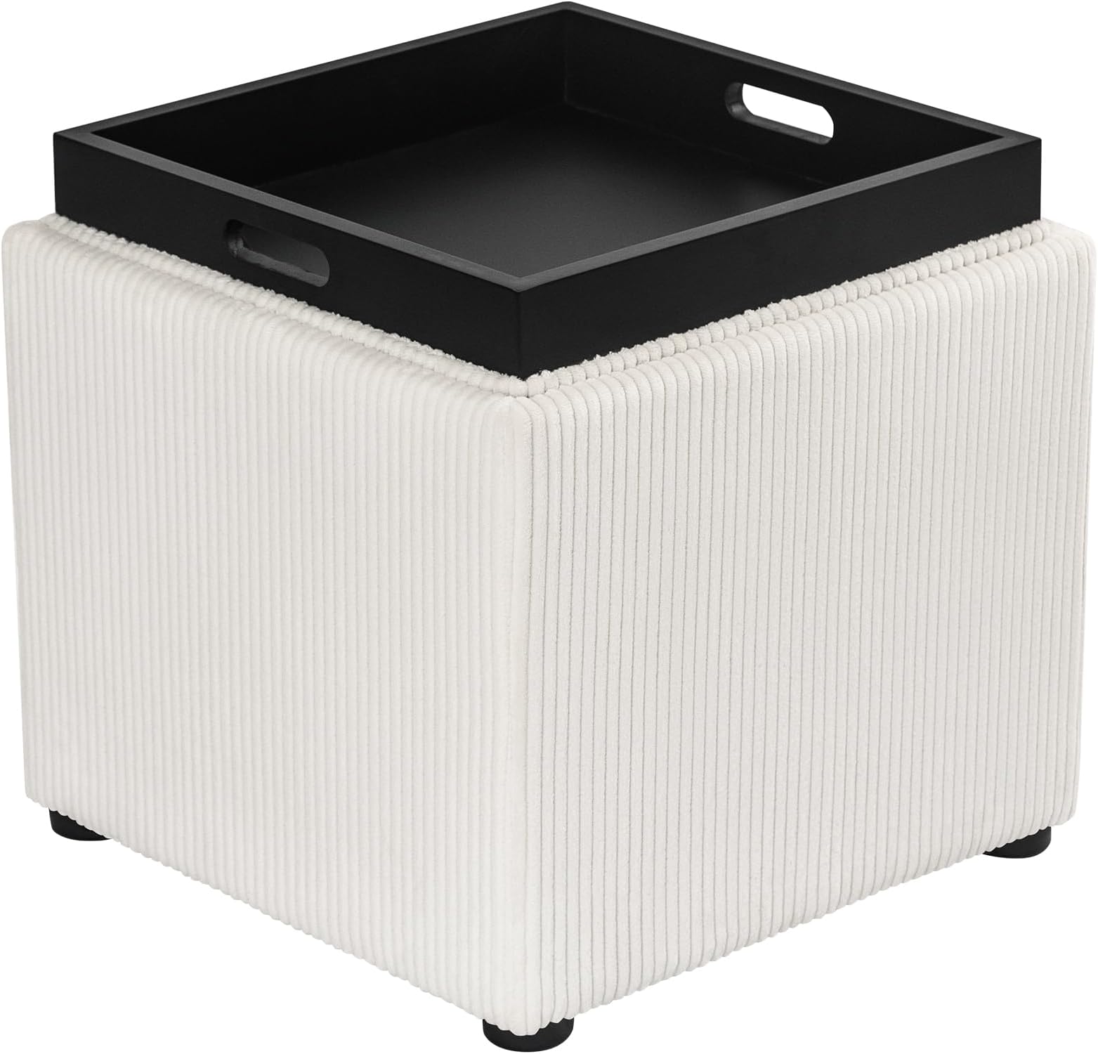 Adeco 17" Square Storage Ottoman with Reversible Tray Lid, Corduroy Footrest for Living Room, Small Coffee Table & Side Table for Small Spaces, 14.8 Gal Capacity, Beige
