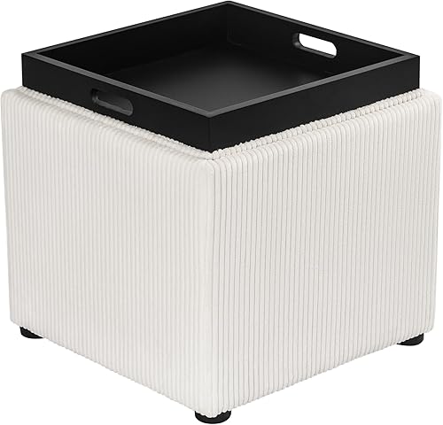 Miniatura 12 de Joveco Otomana Cuadrada de Almacenamiento con Bandeja, Pequeño Taburete de Reposapiés de Lino, Mesa de Centro para Dormitorio y Sala de Estar, Beige