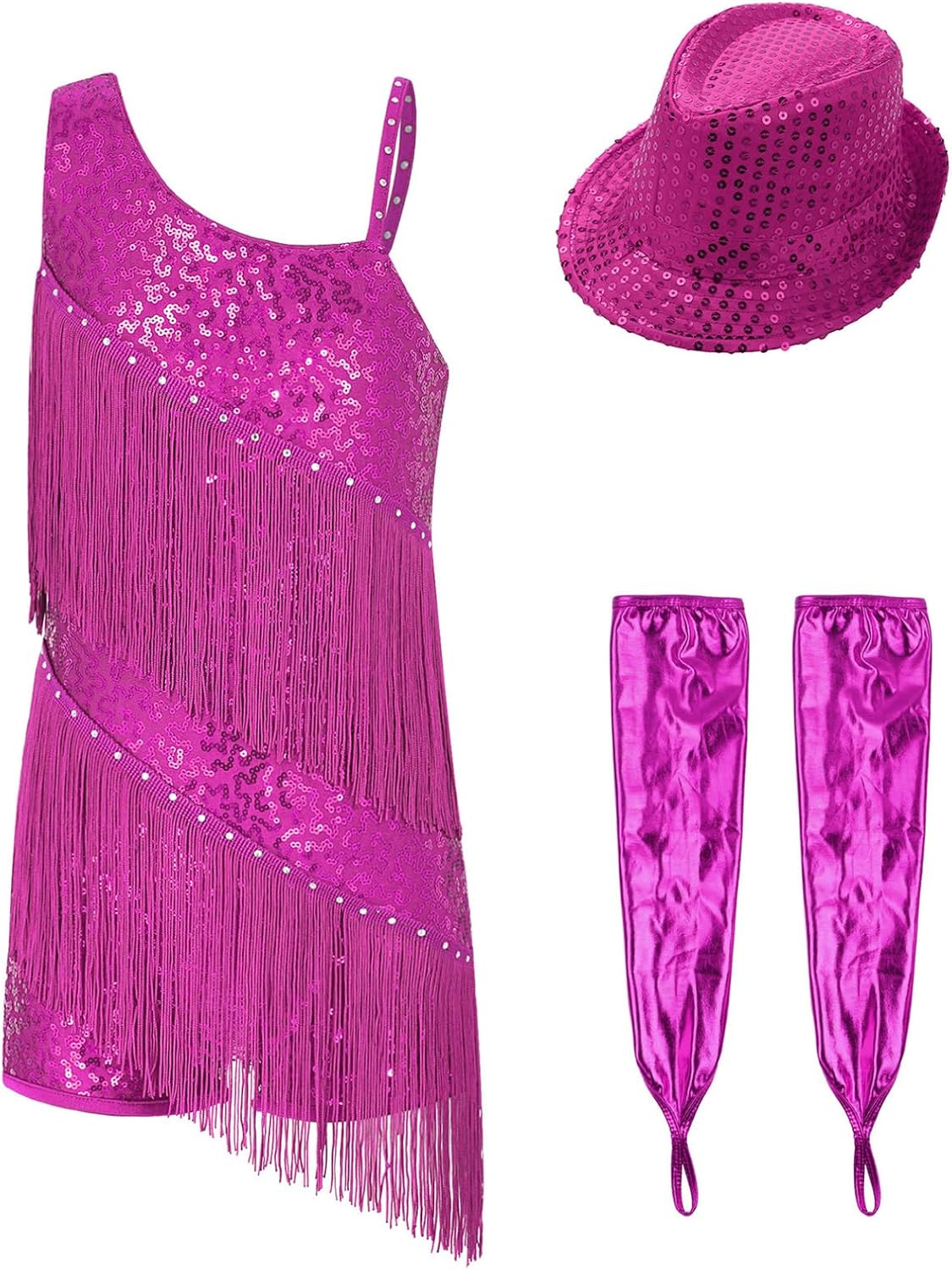 iiniim Kids Girls Salsa Latin Dance Dress Sequin Tassel Fringe Flapper Dress with Gloves Hat Ballroom Costume Party