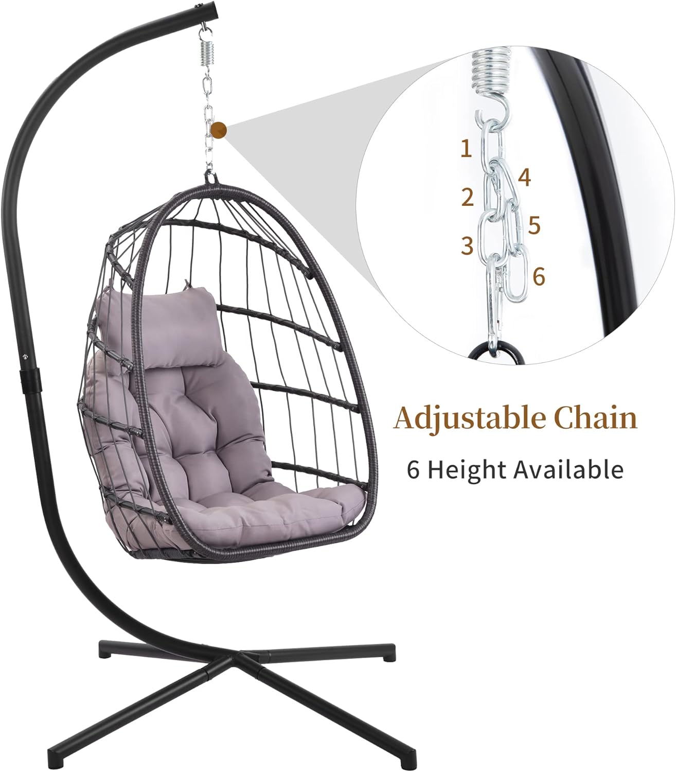 Hanging Egg Chair Stand, Outdoor Patio Wicker Folding Hammock Chair with C Type Bracket, Soft Deep Fluffy Cushion and Pillow