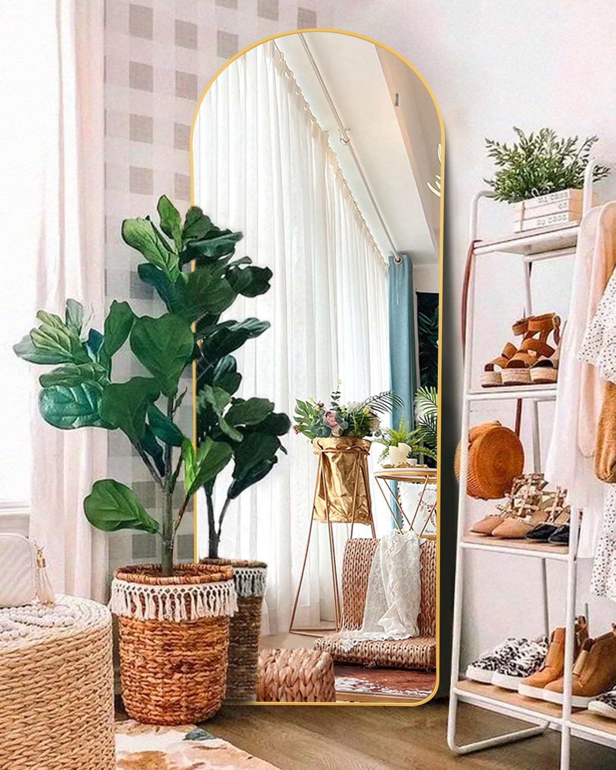 Floor Mirror, Full Length Mirror with Stand, Arched Wall Mirror, Mirror Full Length, Gold Floor Mirror Freestanding, Wall Mounted Mirror for Bedroom Living Room, Gold-Round